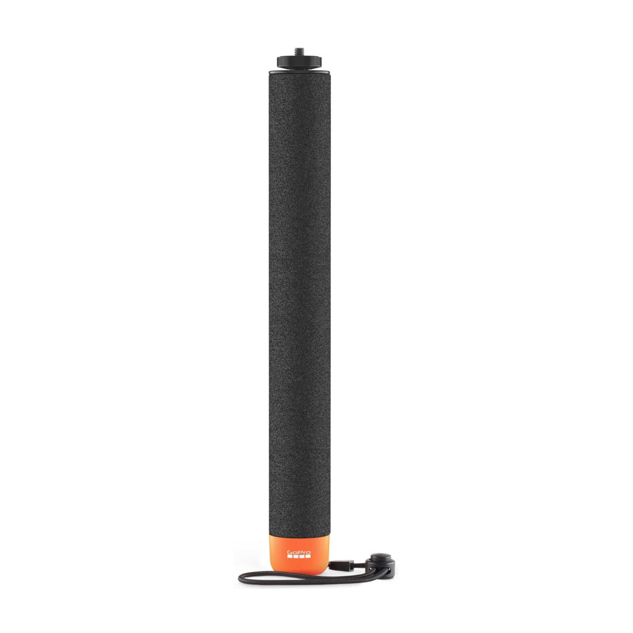 Una impugnatura nera con base arancione e logo GoPro.