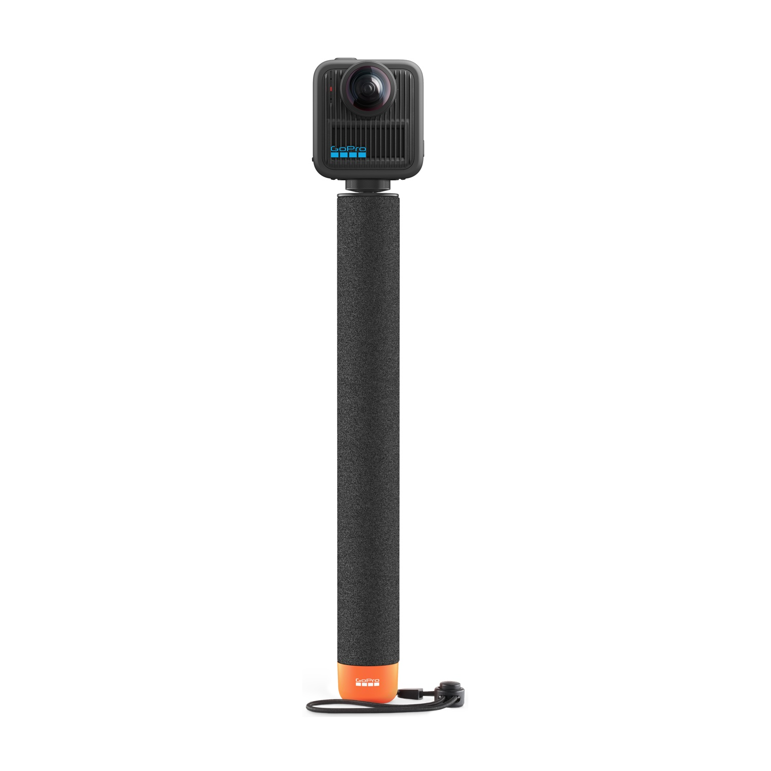 Telecamera GoPro con impugnatura nera e estremità arancione.