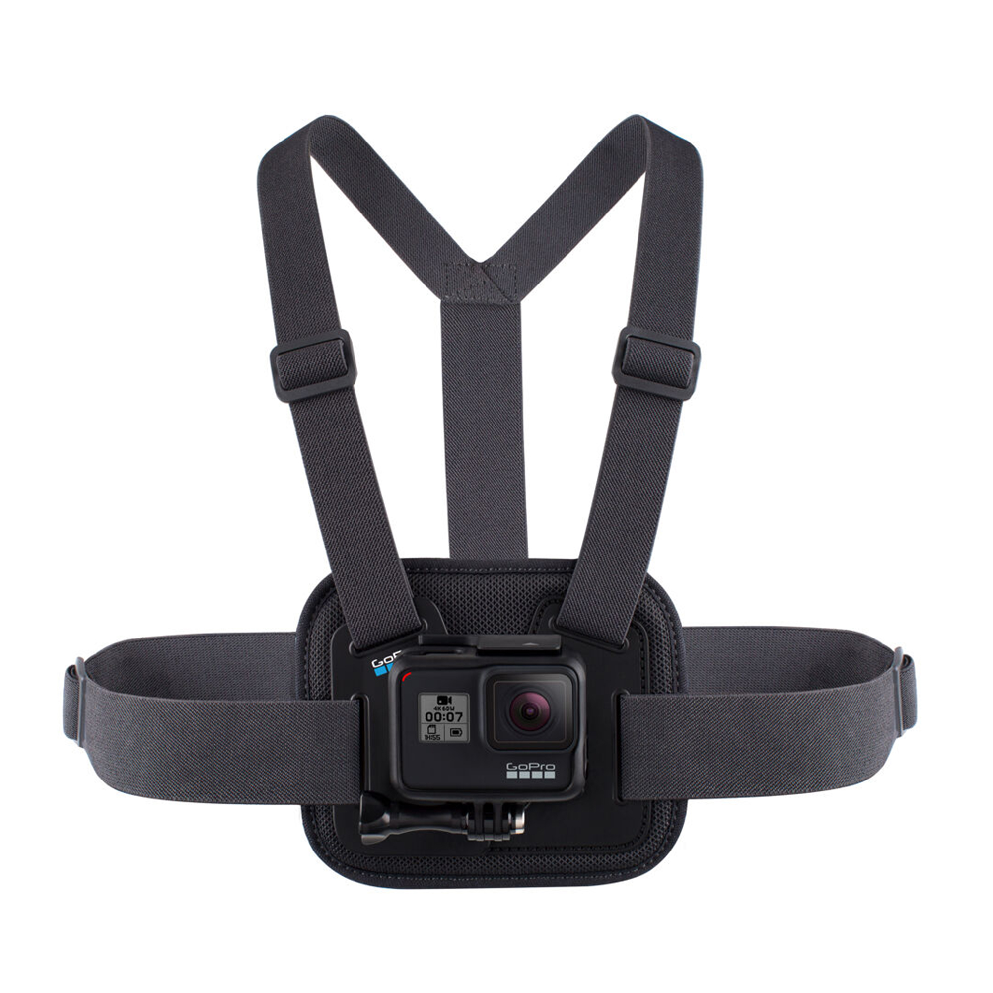 Un supporto pettorale GoPro nero con una action camera montata.