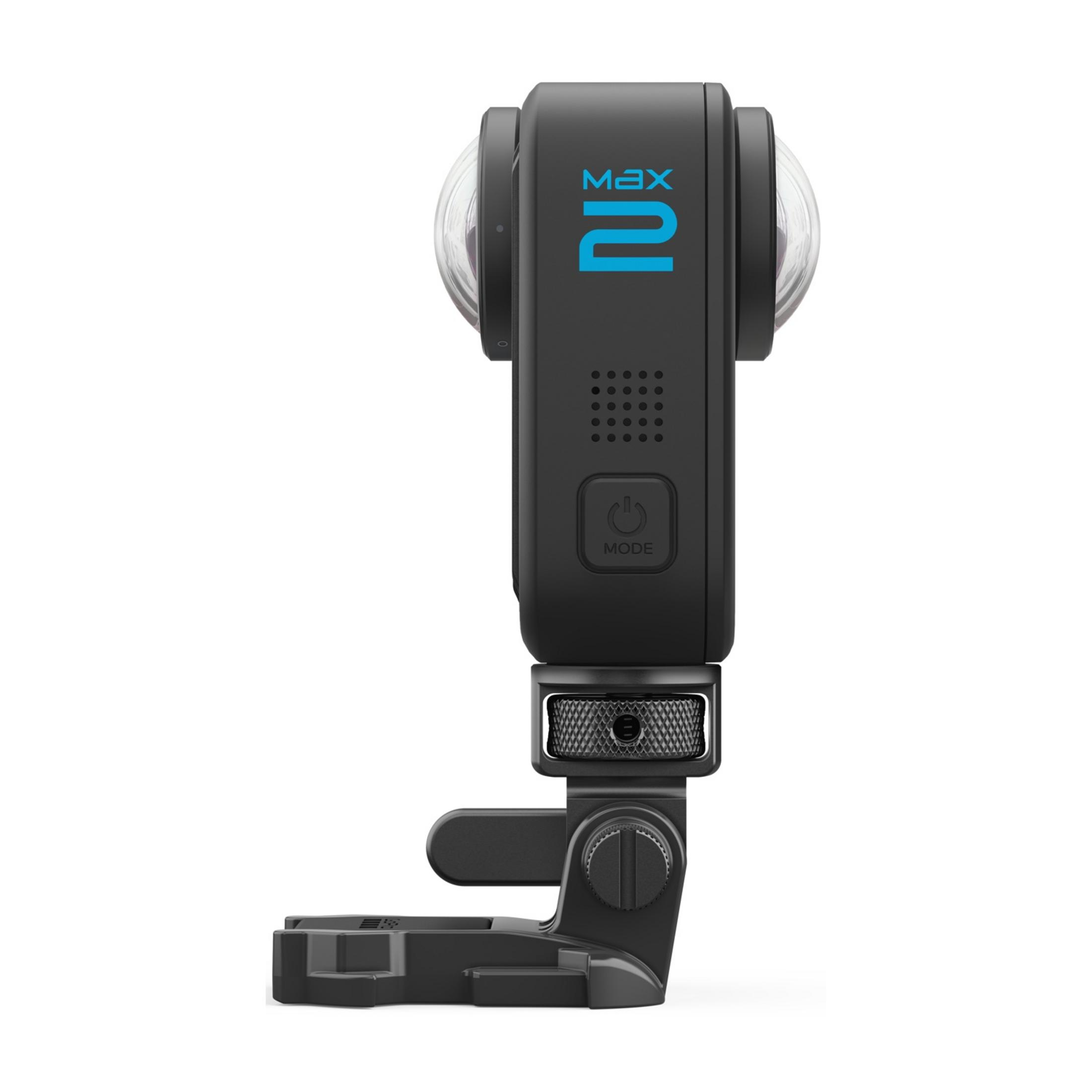 Una cámara 360 negra con el logo azul 'MAX 2' sobre fondo blanco.