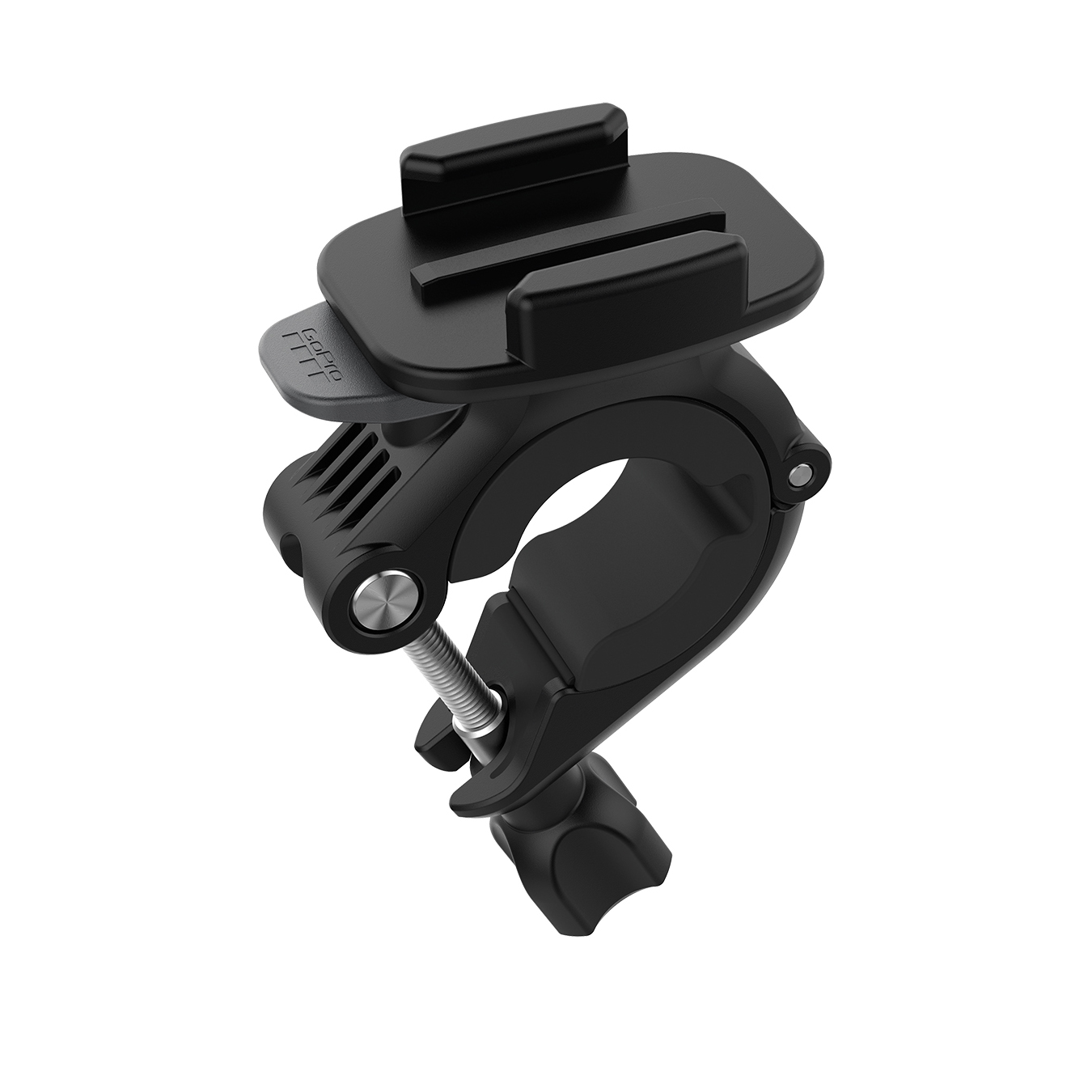 Soporte negro para manillar GoPro con tornillo y palanca de liberación rápida.