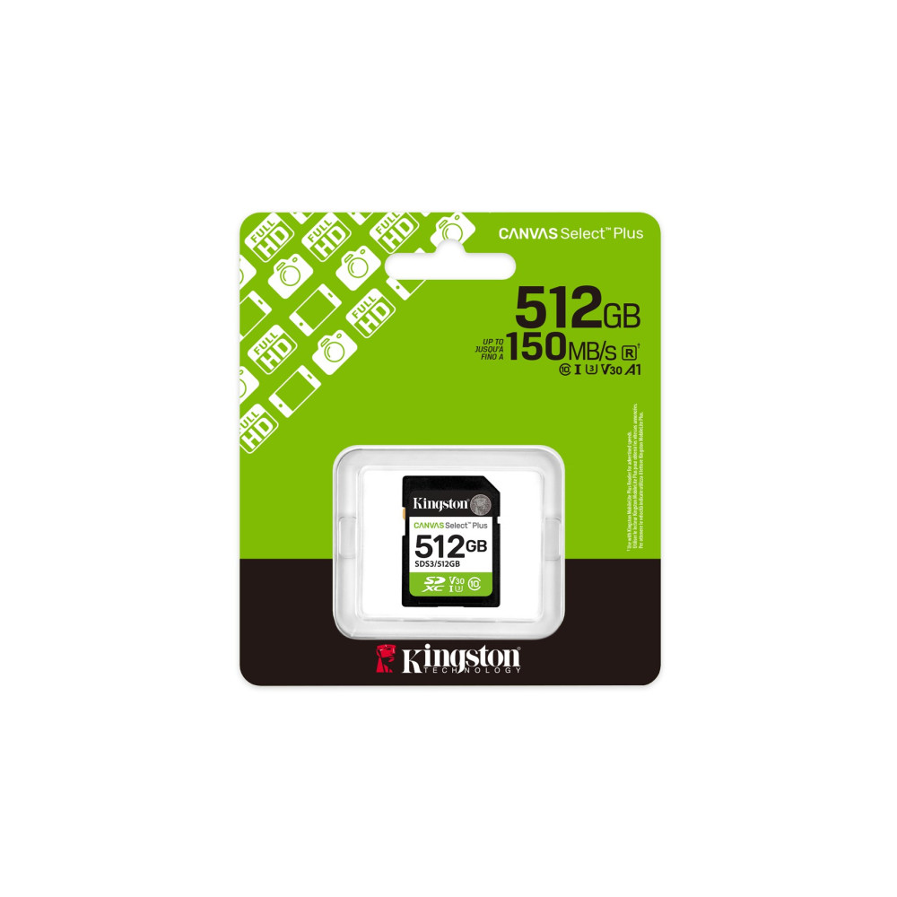Karta Kingston 512GB SDXC z ikonami "Full HD" na zielonym opakowaniu.