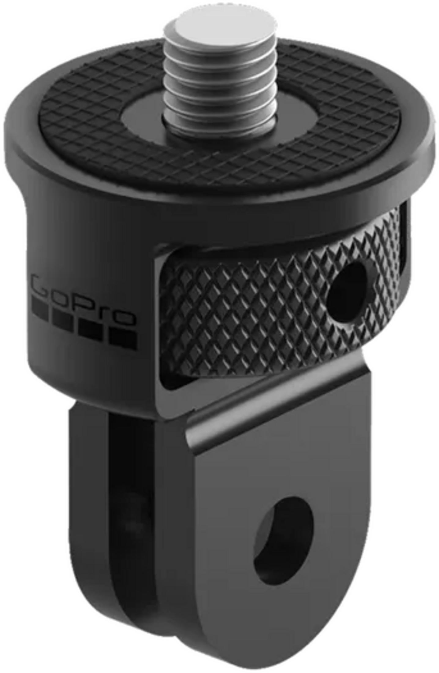 Adattatore GoPro nero con bullone filettato e clip di montaggio.