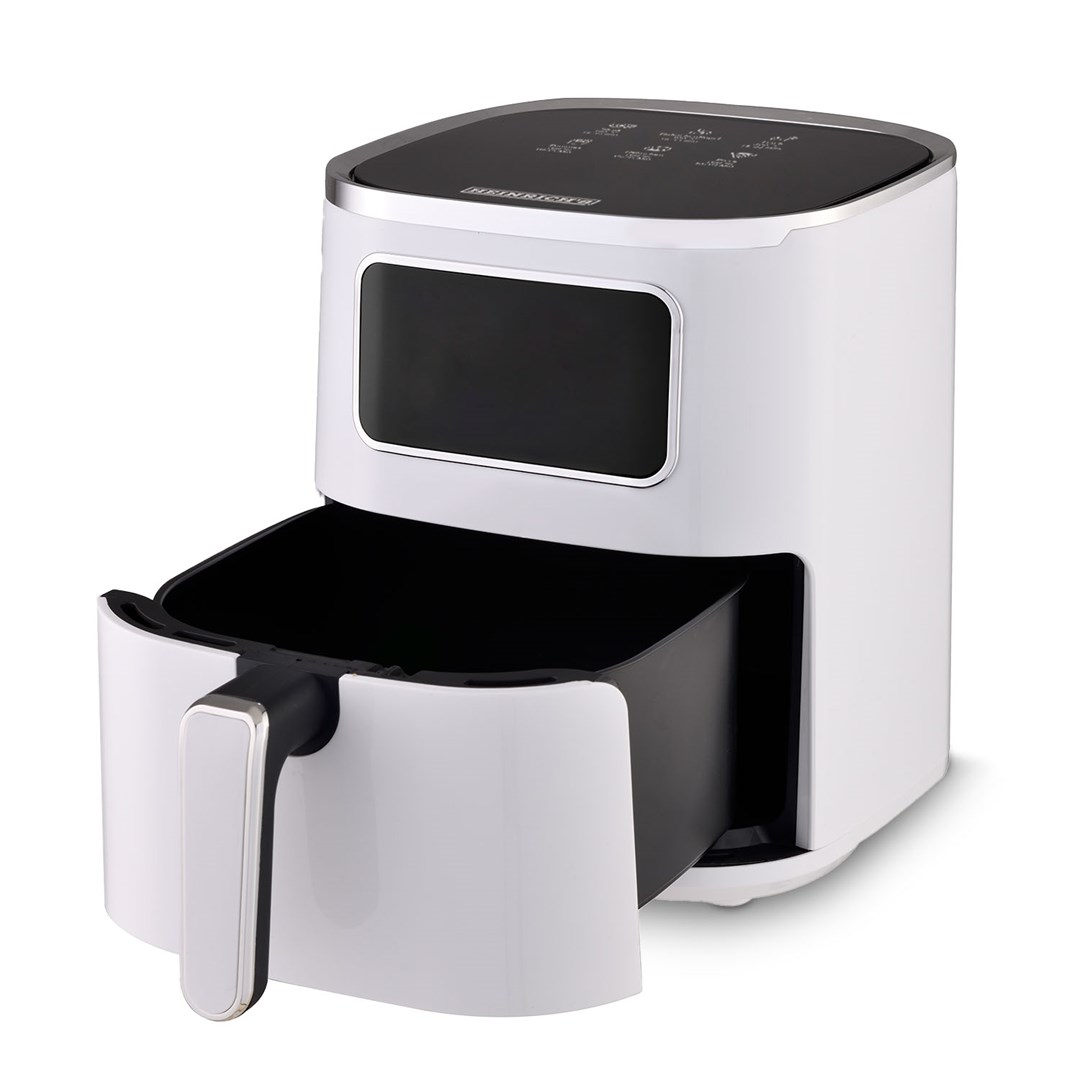 Una friggitrice ad aria bianca con cassetto estraibile e display digitale.