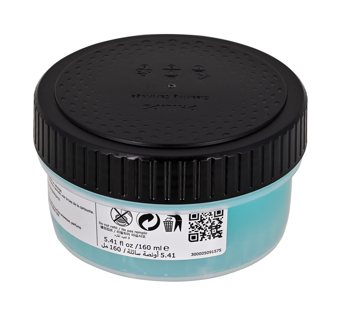 Niebieski płyn w pojemniku z czarną pokrywką i etykietami ostrzegawczymi.