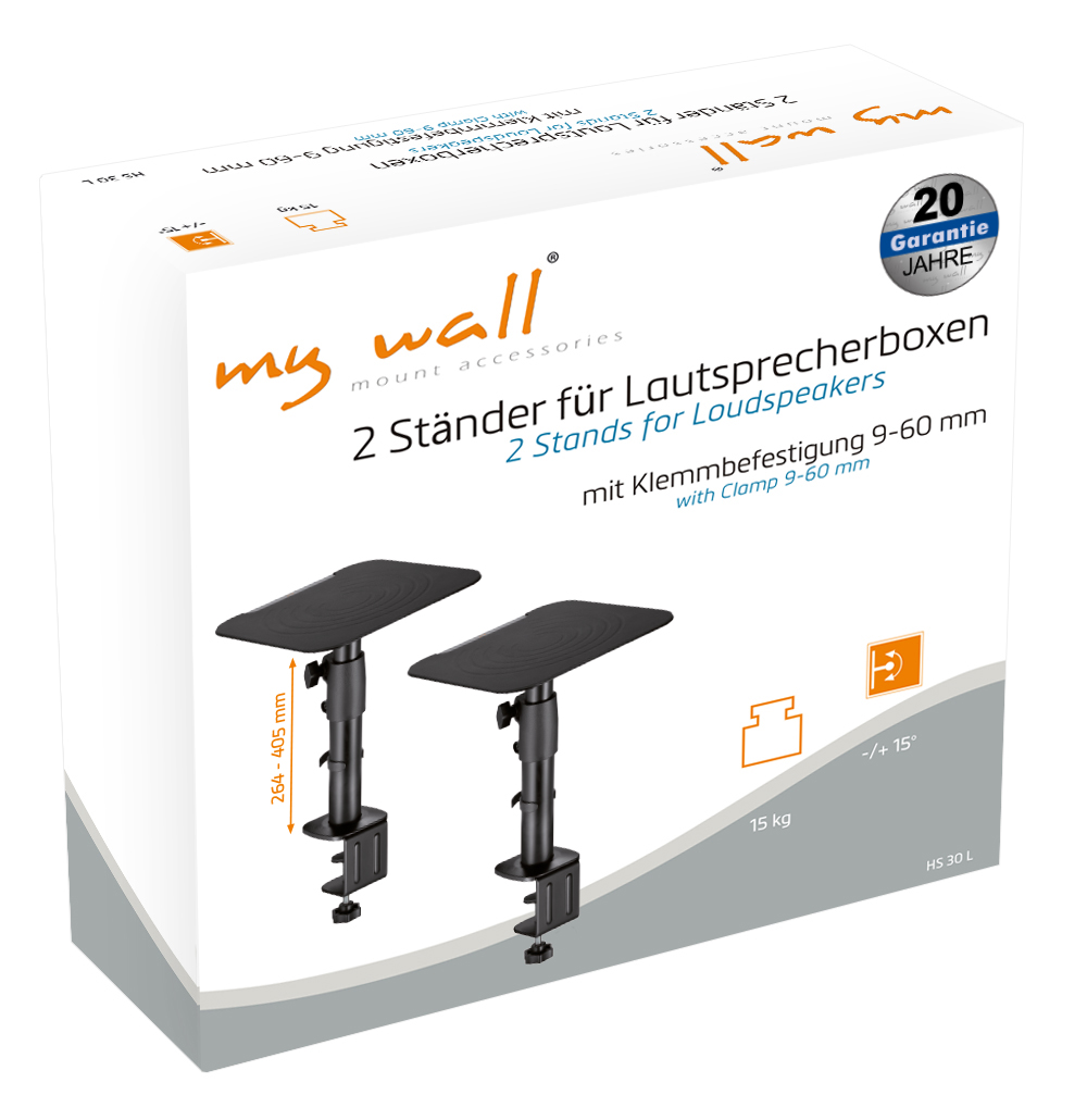 Verpackung für 2 Lautsprecherständer mit Klemmenbefestigung.