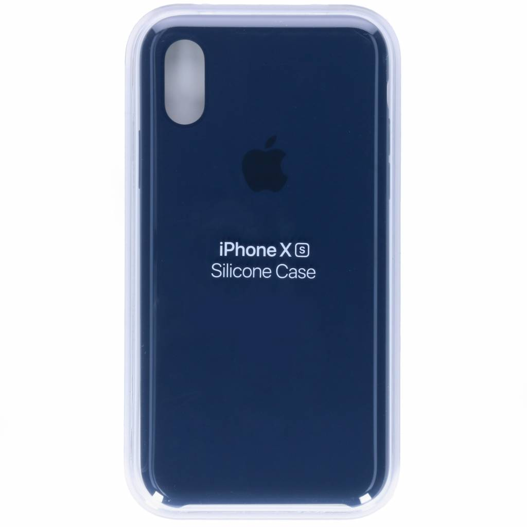 Dunkelblaue iPhone XS Hülle aus Silikon mit Apple Logo.