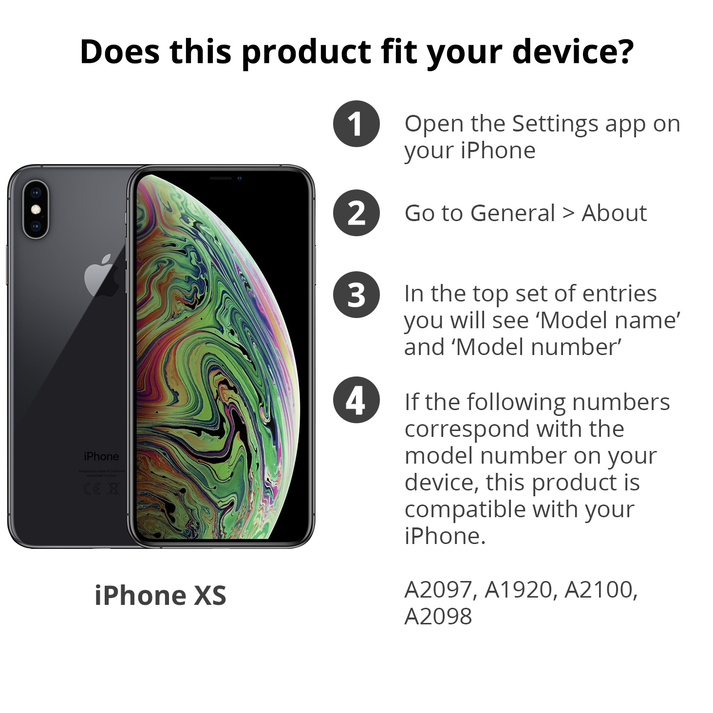 iPhone XS mit Anleitungen zur Überprüfung der Modellnummer auf Kompatibilität.