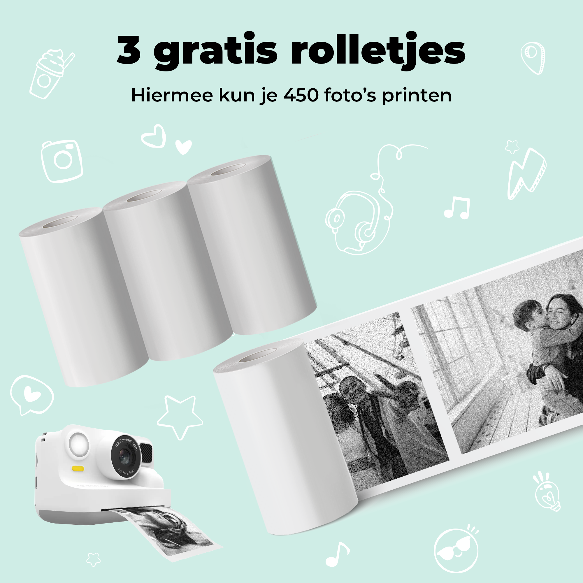 Three rolls of photo paper next to a printer dispensing a photo.