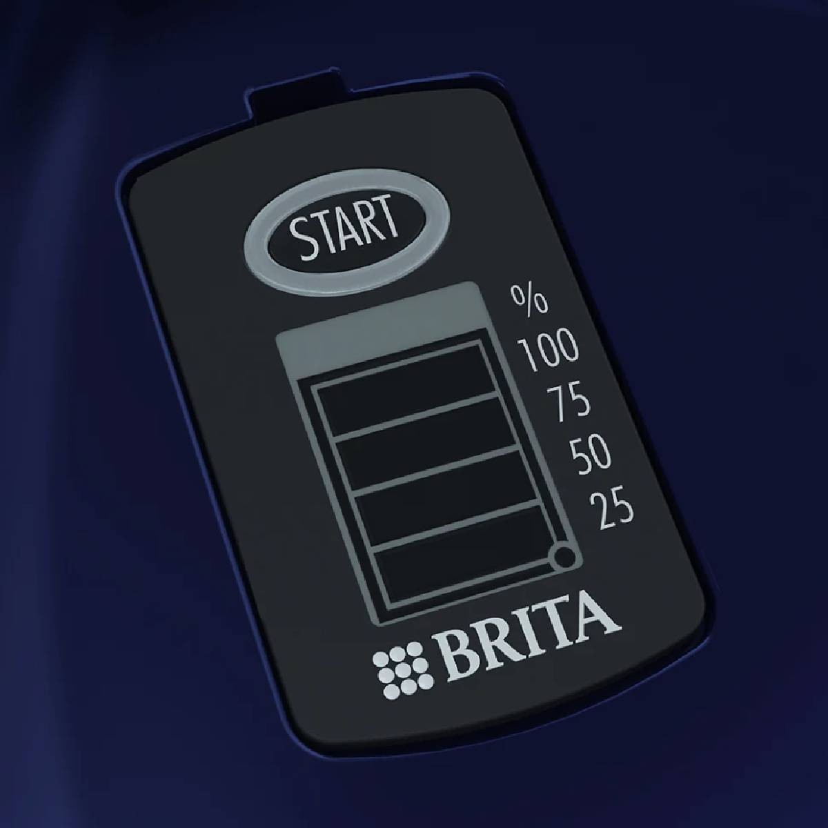 Urządzenie wskaźnika filtra Brita z przyciskiem start i wskaźnikiem baterii.