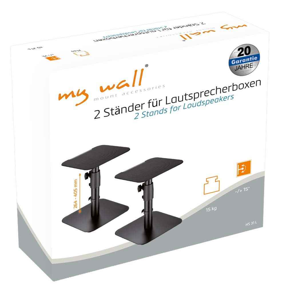 Zwei schwarze Lautsprecherständer auf Verpackung mit Höhenverstellung.