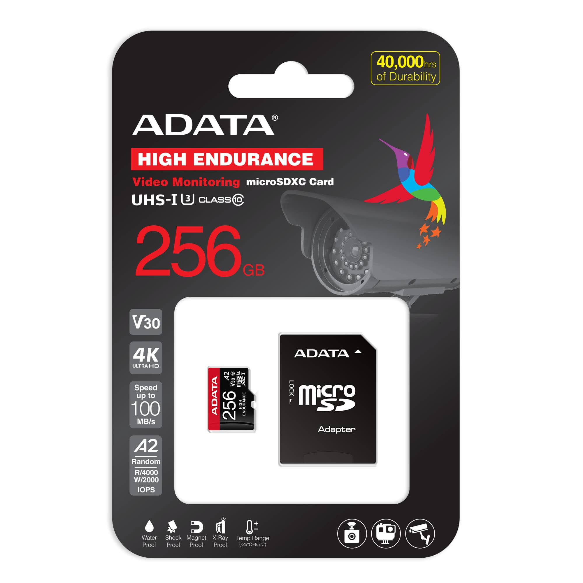 Karta ADATA microSDXC 256GB z adapterem, 4K, V30, 100MB/s, do monitoringu.
