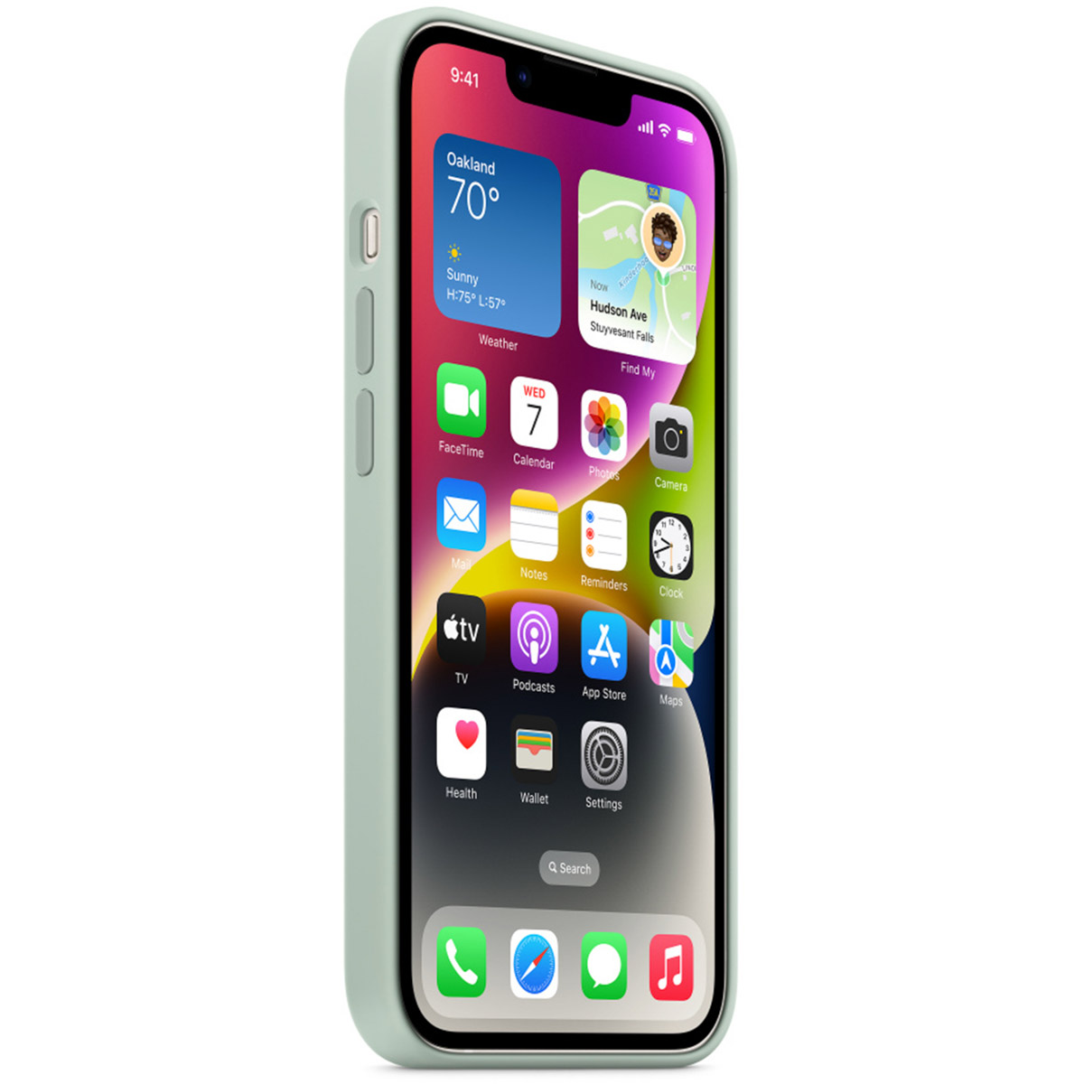 Ein hellgrünes iPhone mit buntem Homescreen, das Wetter-, Karten- und App-Symbole anzeigt.