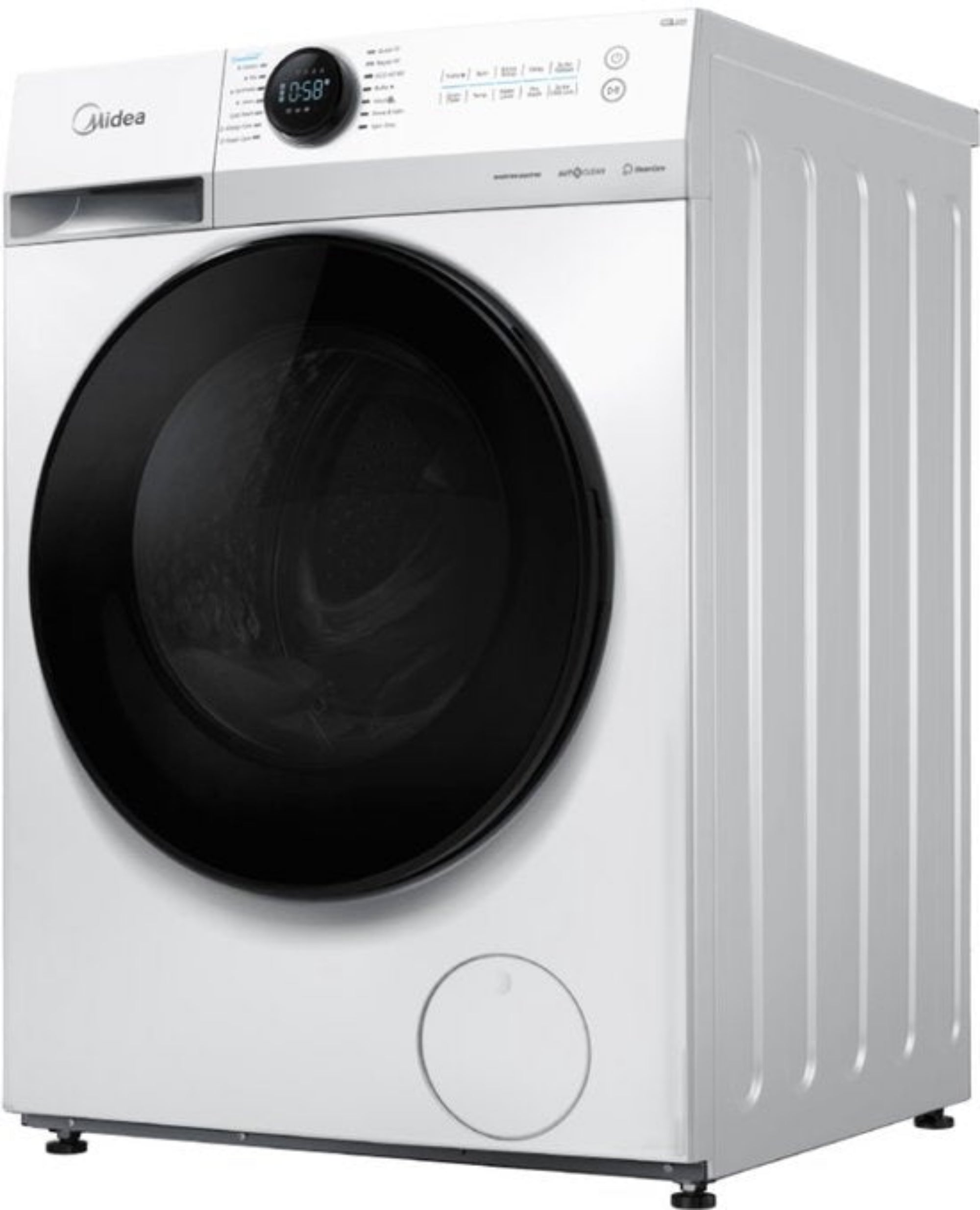 A white Midea washing machine with a black door and digital display.