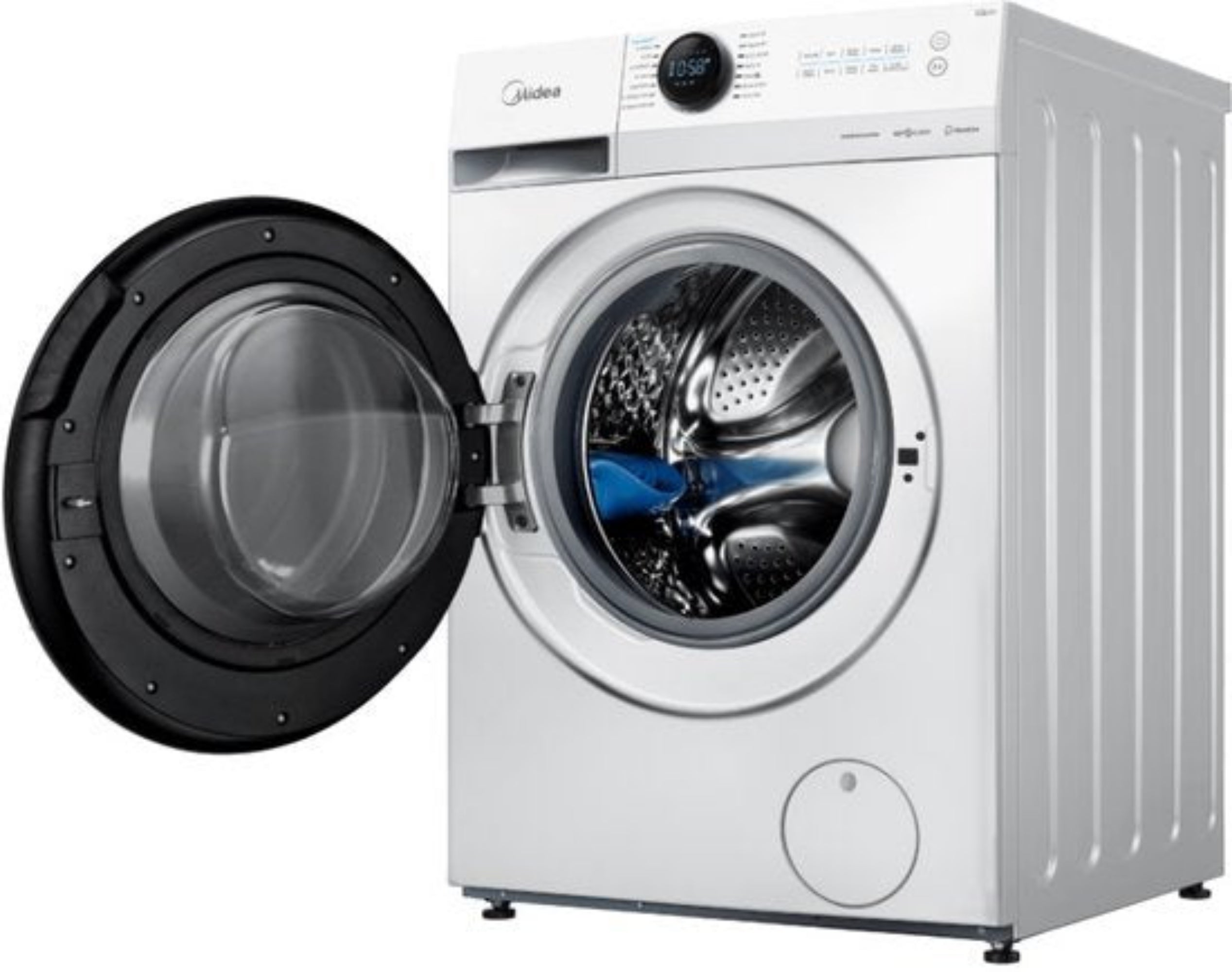 A white washing machine with its door open, revealing a silver drum.