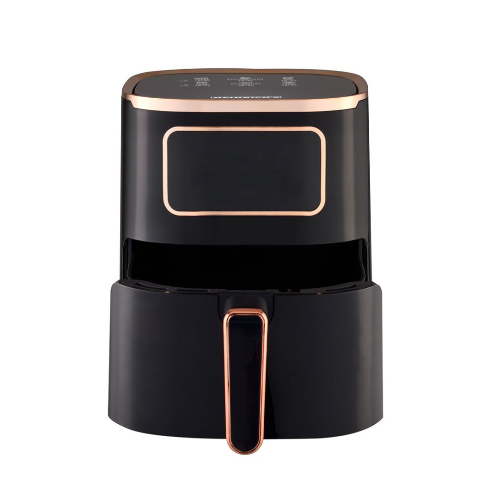 Czarna frytkownica beztłuszczowa z miedzianymi akcentami, na białym tle.