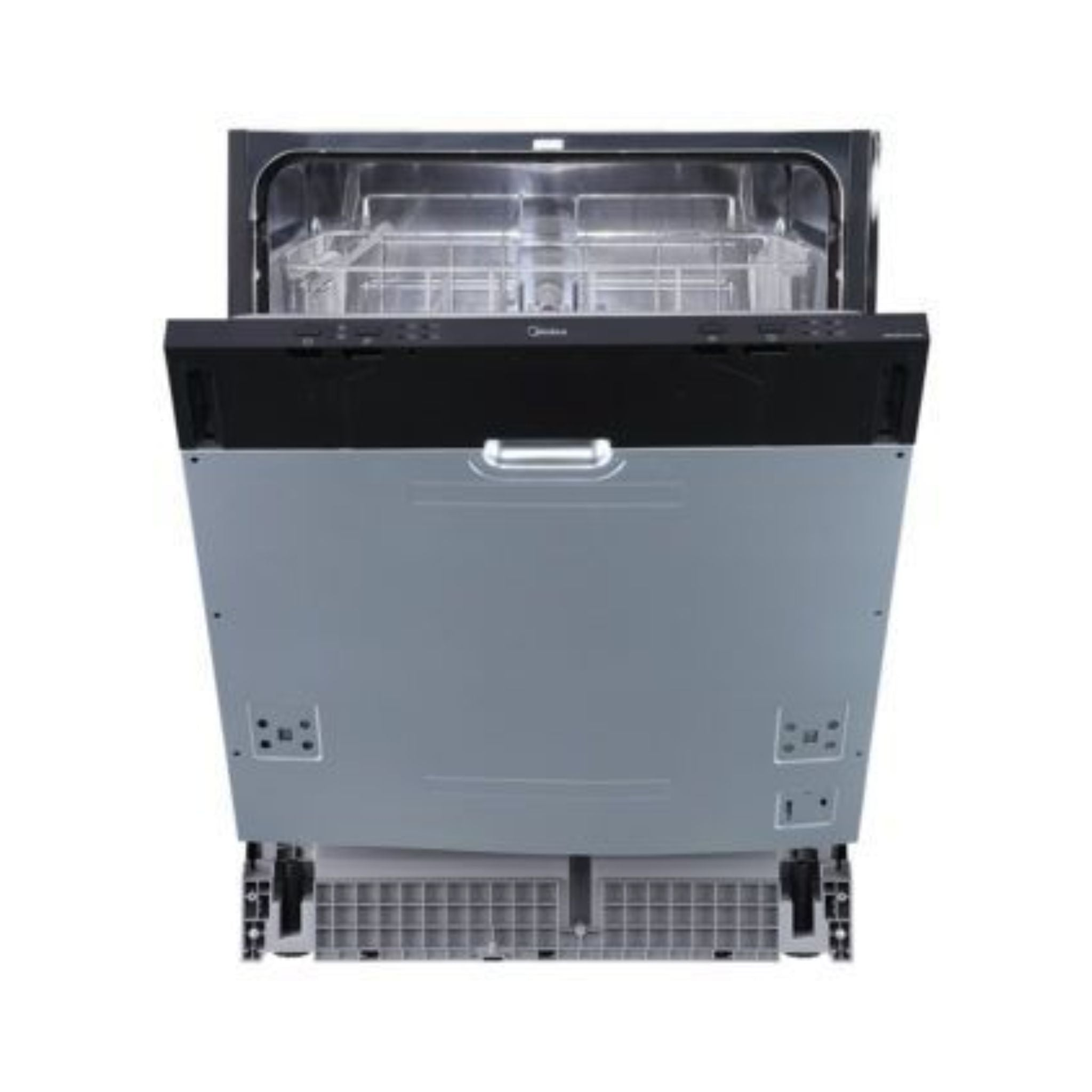 Een open inbouwvaatwasser met zilverkleurige voorkant en zwart bedieningspaneel.