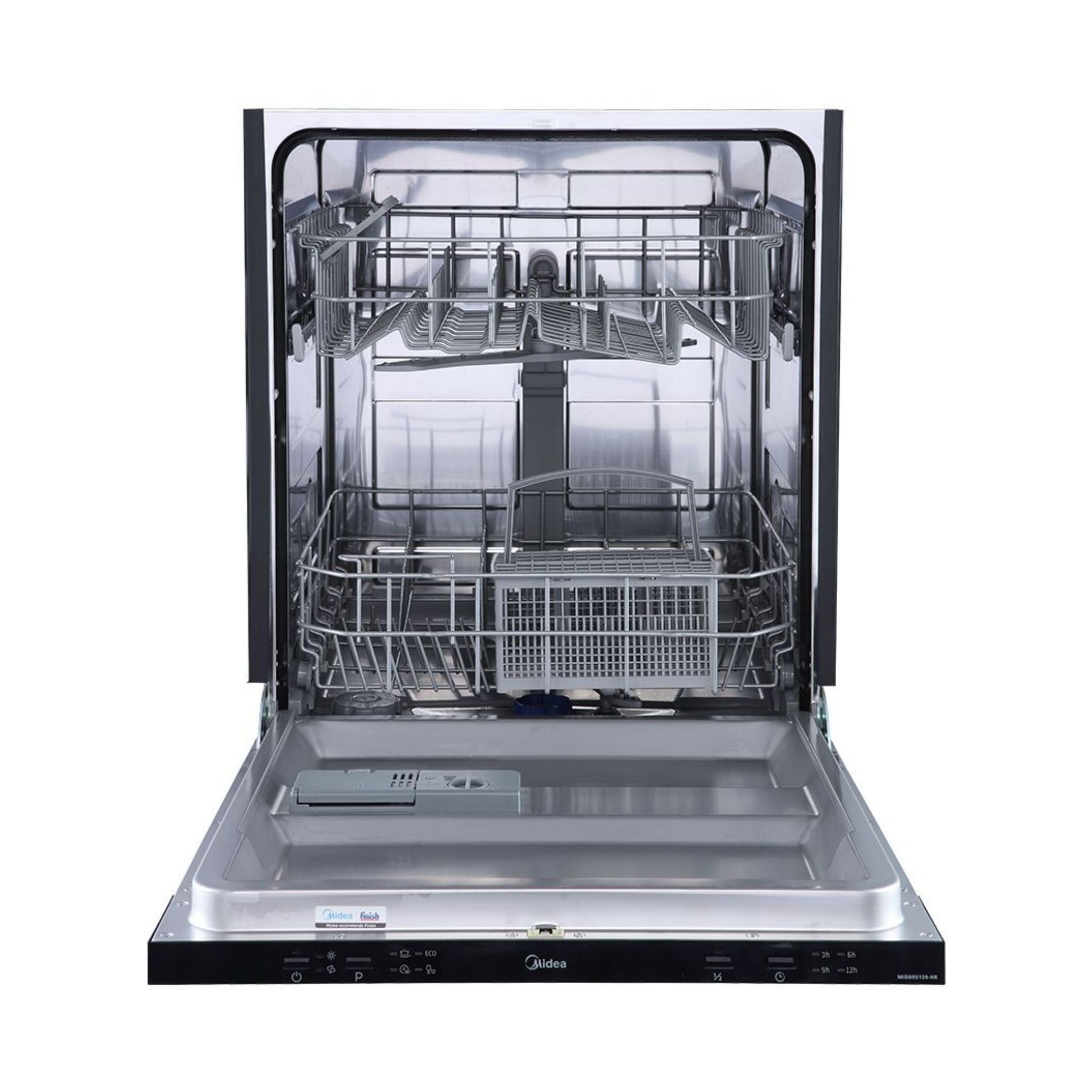 Een open Midea vaatwasser met twee rekken en zilveren planken op een witte achtergrond.