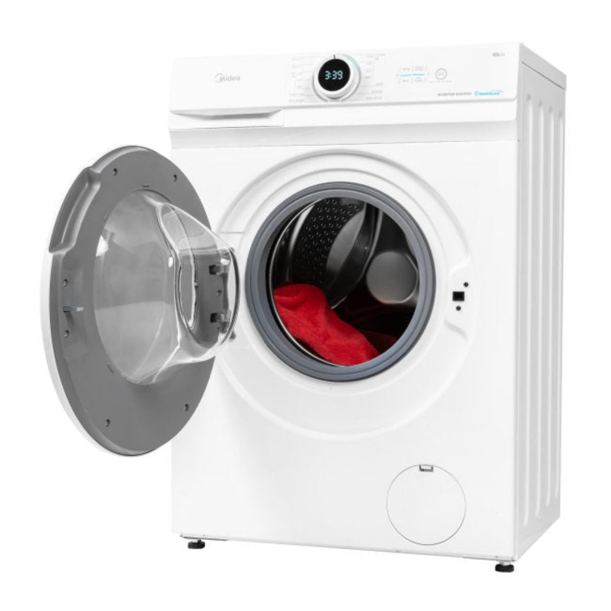 A white washing machine with its door open, red laundry inside.