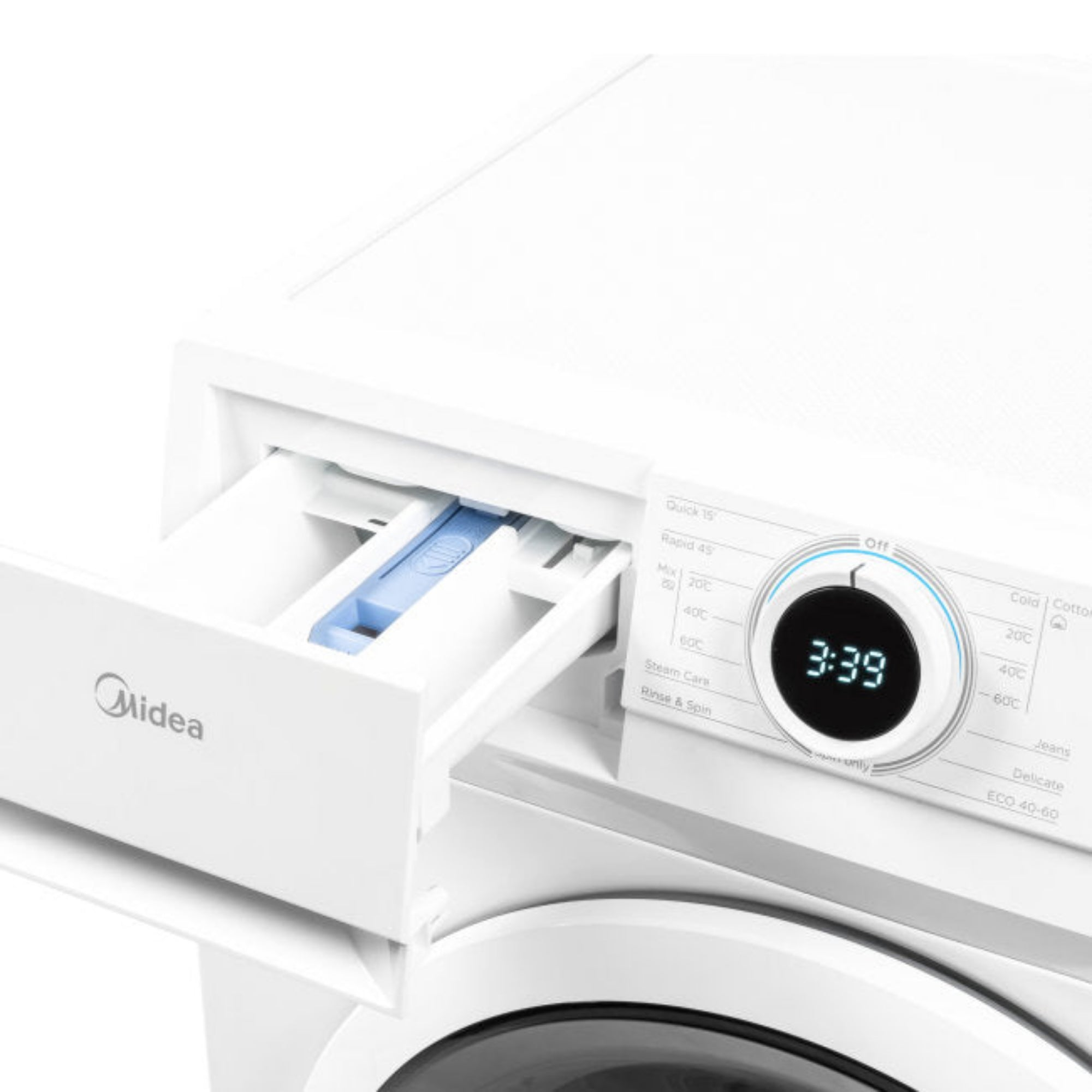 A white washing machine with its drawer pulled out, showing a digital display of 3:39.
