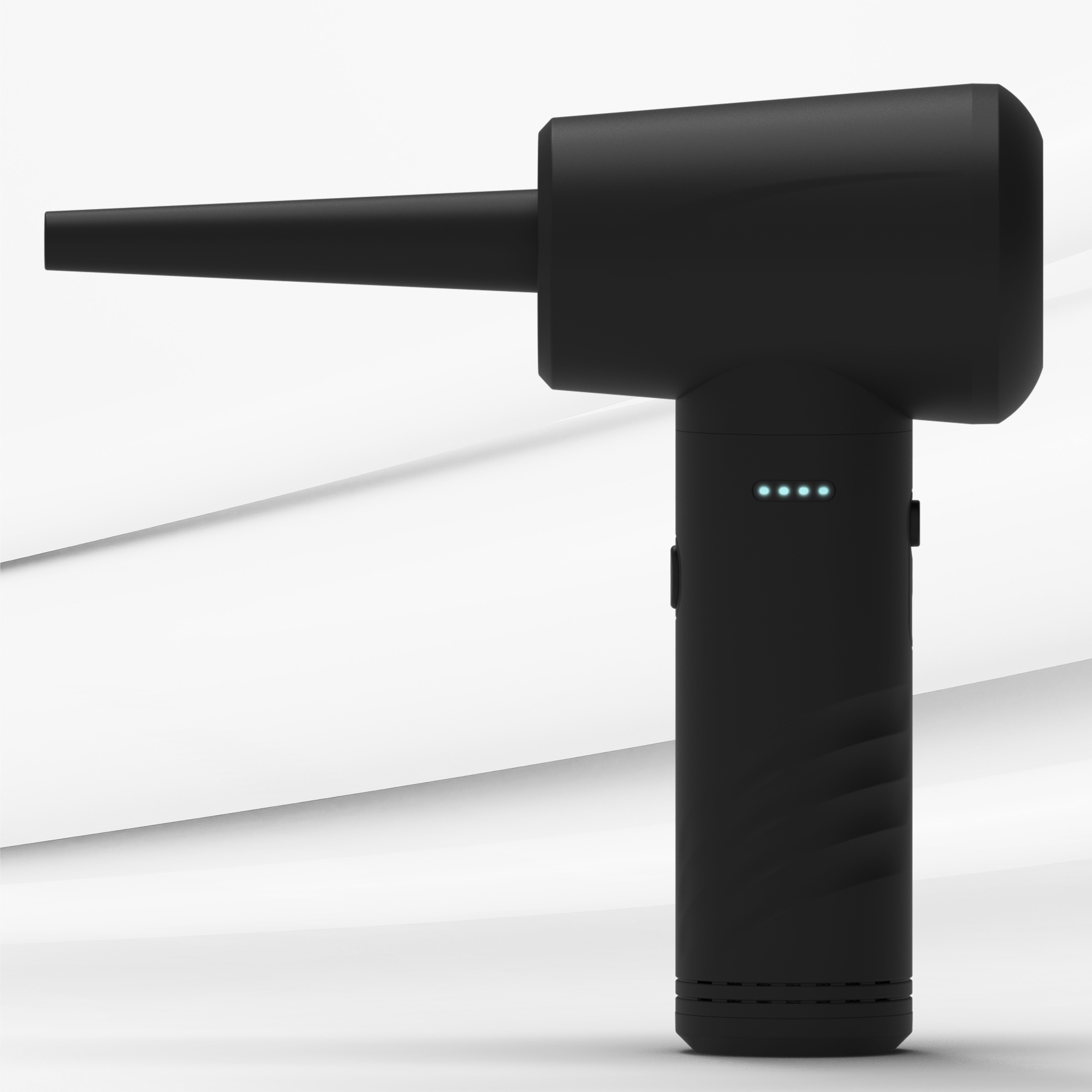 Black, sleek device with a cone-shaped nozzle and blue indicator lights.