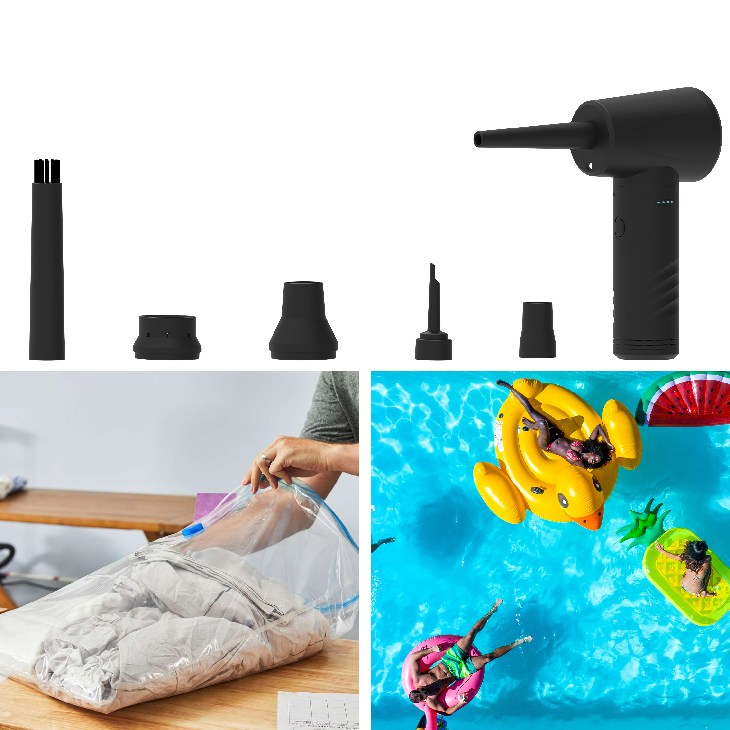 A black vacuum pump with accessories, a man sealing a vacuum bag, and people on inflatable pool floats.