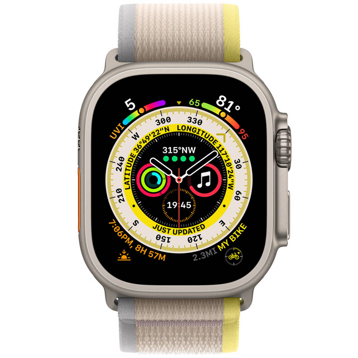 Gray smartwatch with a colorful band. Displays time, distance, and location.