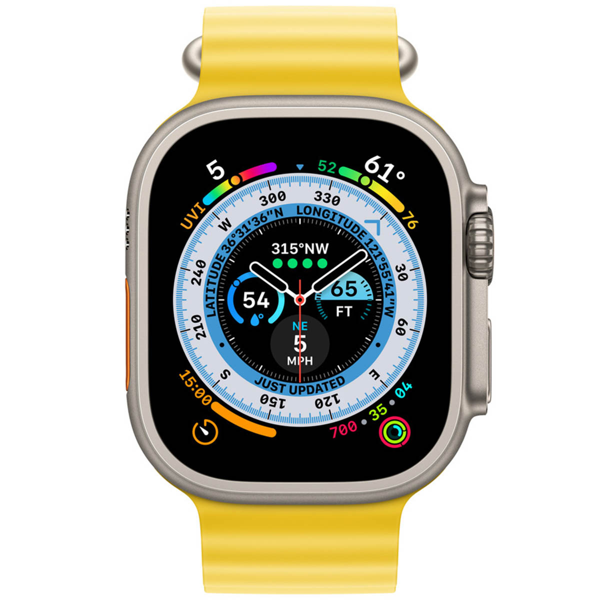 Gele Apple Watch Ultra toont kompas, hoogte, snelheid en tijd.