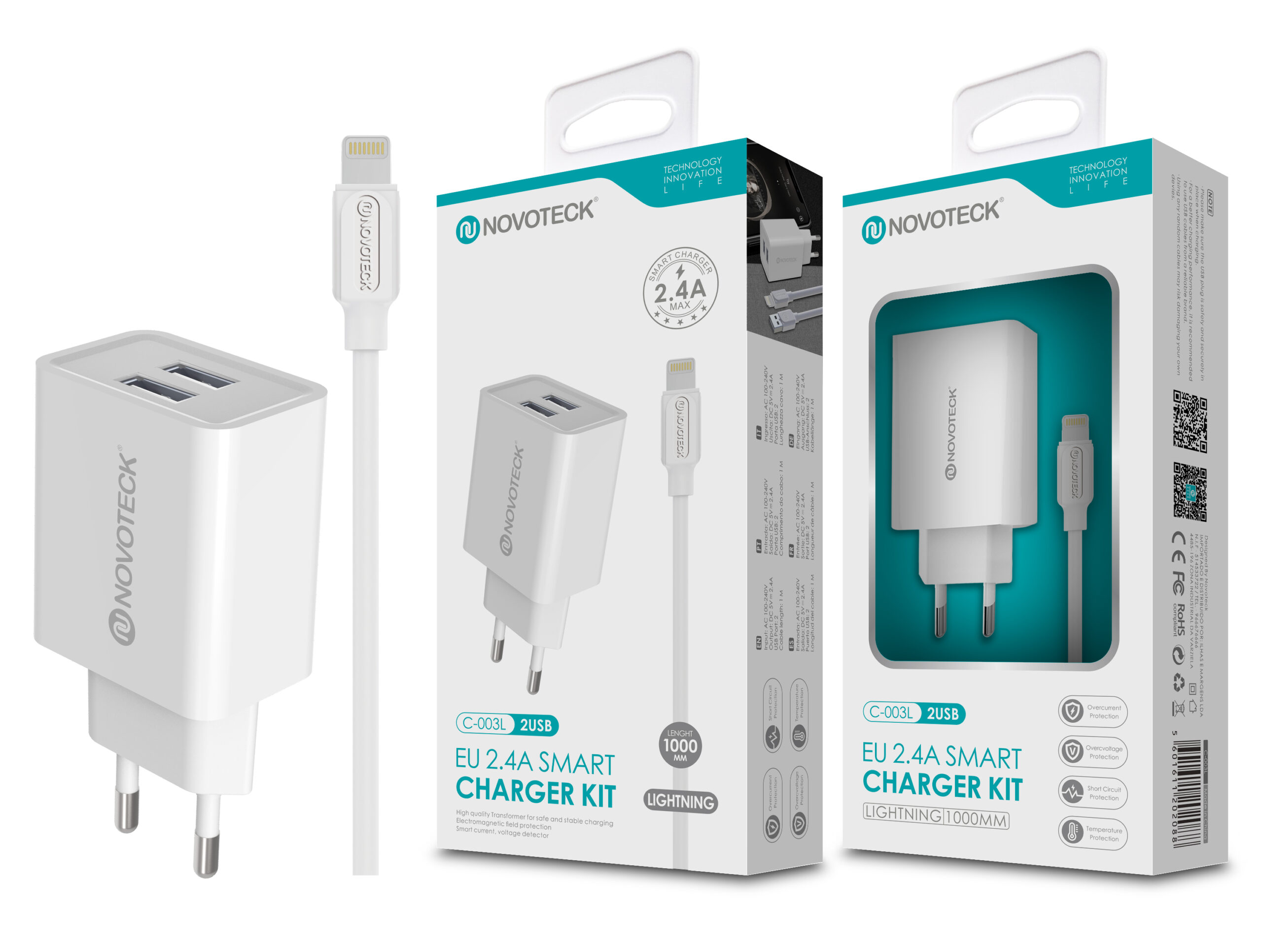Se muestra un kit de cargador Novoteck blanco de 2 USB con cable Lightning.