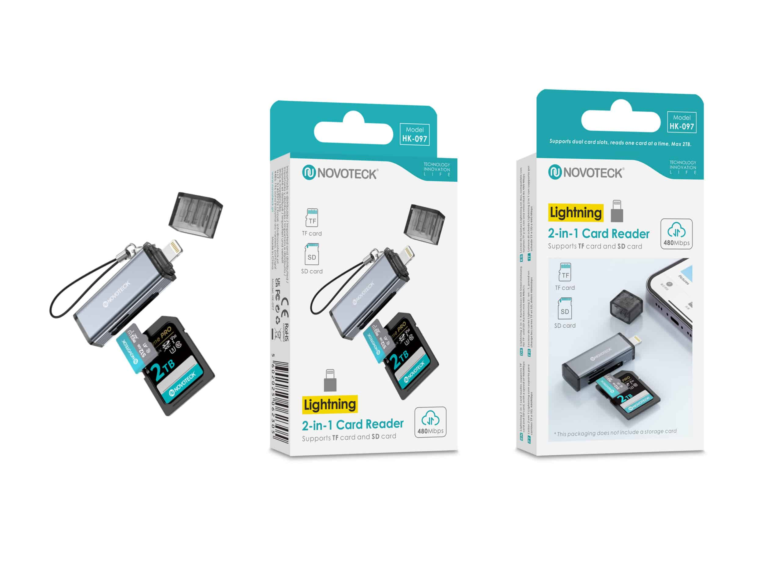 Lettore schede Novoteck Lightning 2-in-1 con scheda da 2TB e cappuccio.