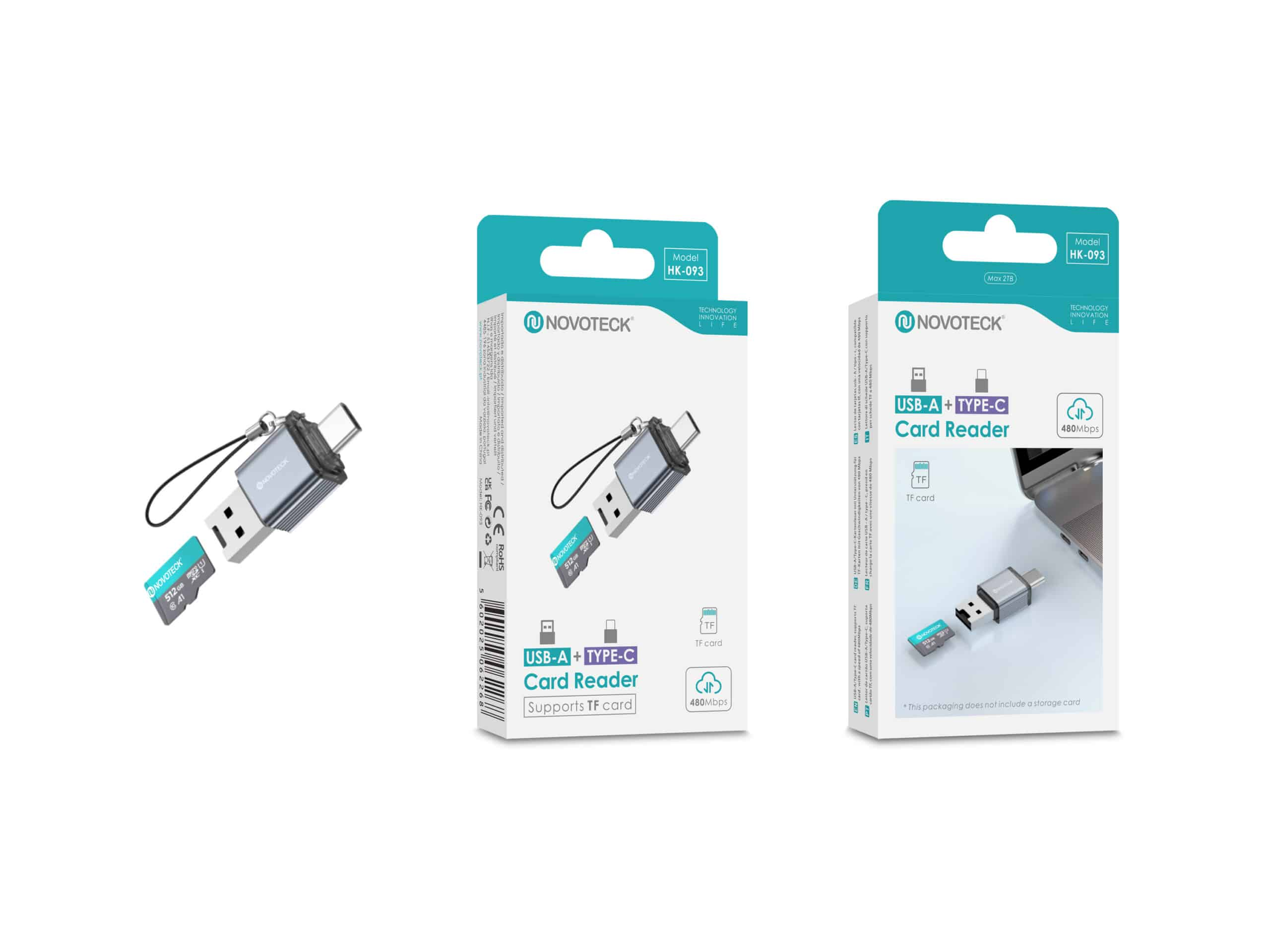 Lettore di schede NOVOTECK USB-A+Type-C con scheda TF da 512GB e cordino.