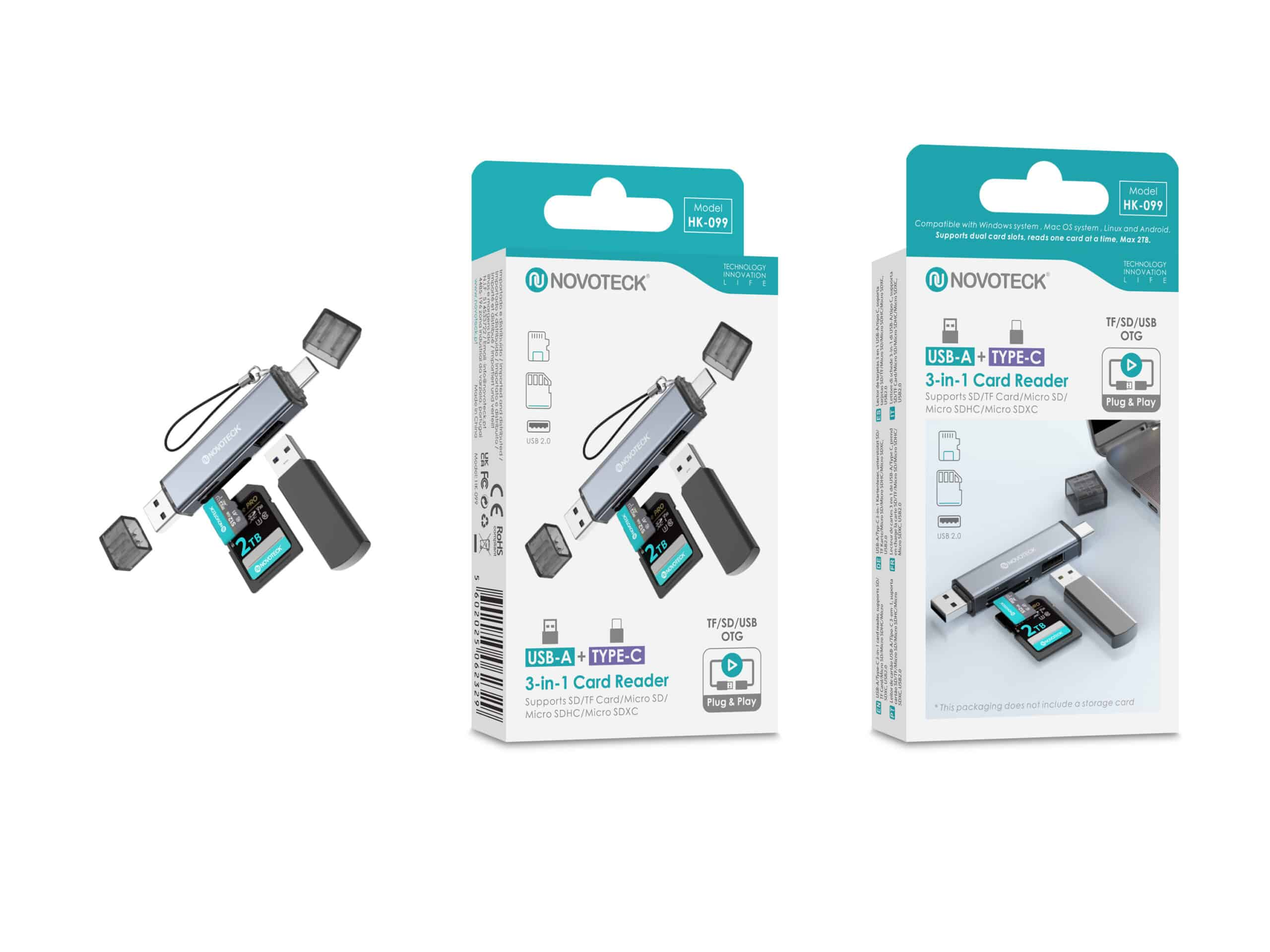 Lettore di schede Novoteck HK-099 3-in-1 con USB-A e Type-C. Visualizza schede SD e Micro SD.