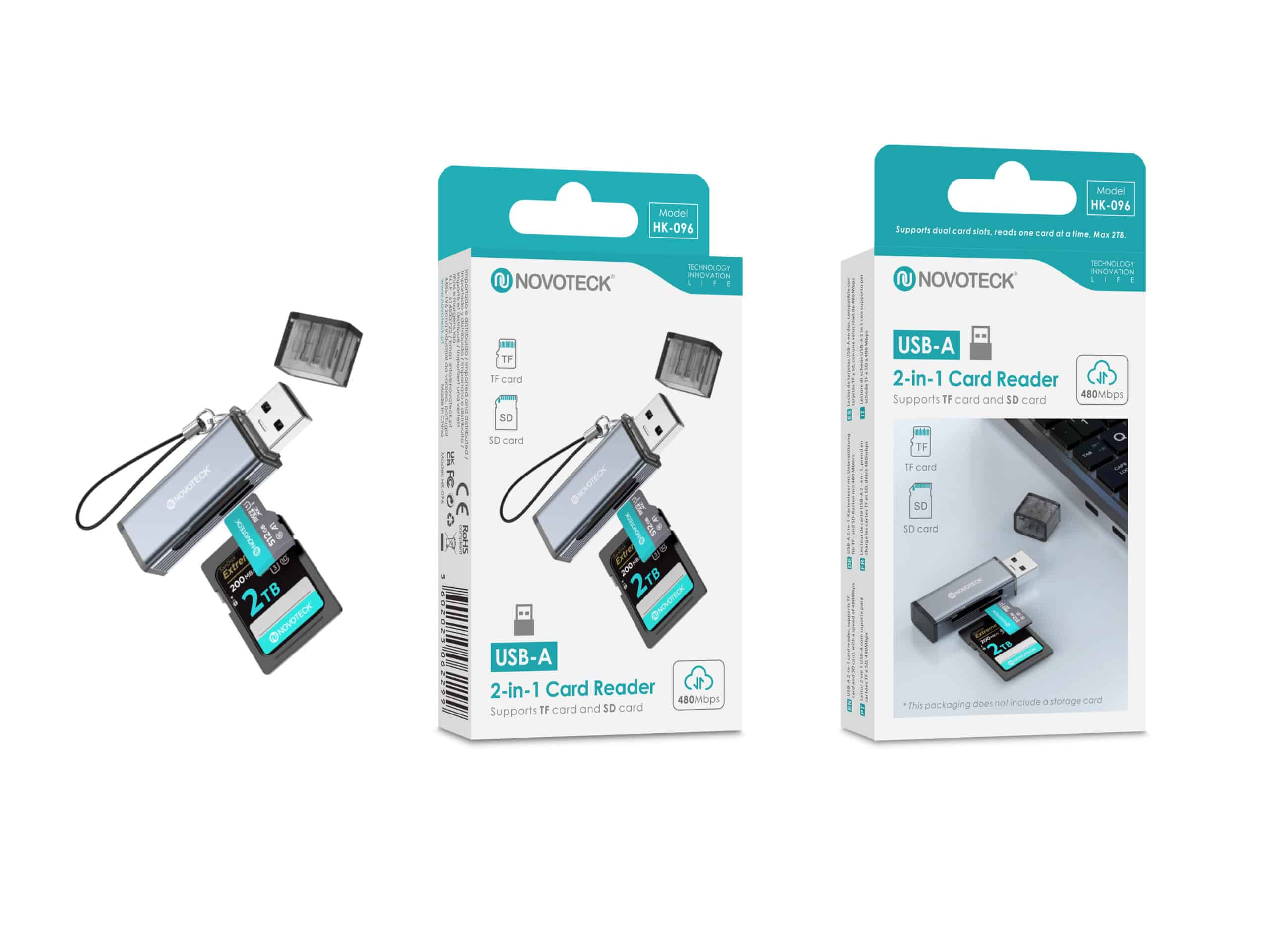 Due confezioni di lettori di schede NOVOTECK USB-A. Una mostra un lettore con schede TF e SD.