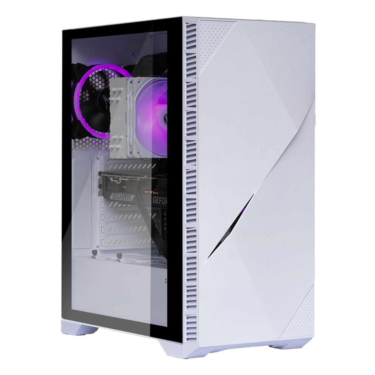 Een witte computerkast met glazen venster dat paars verlichte componenten toont.