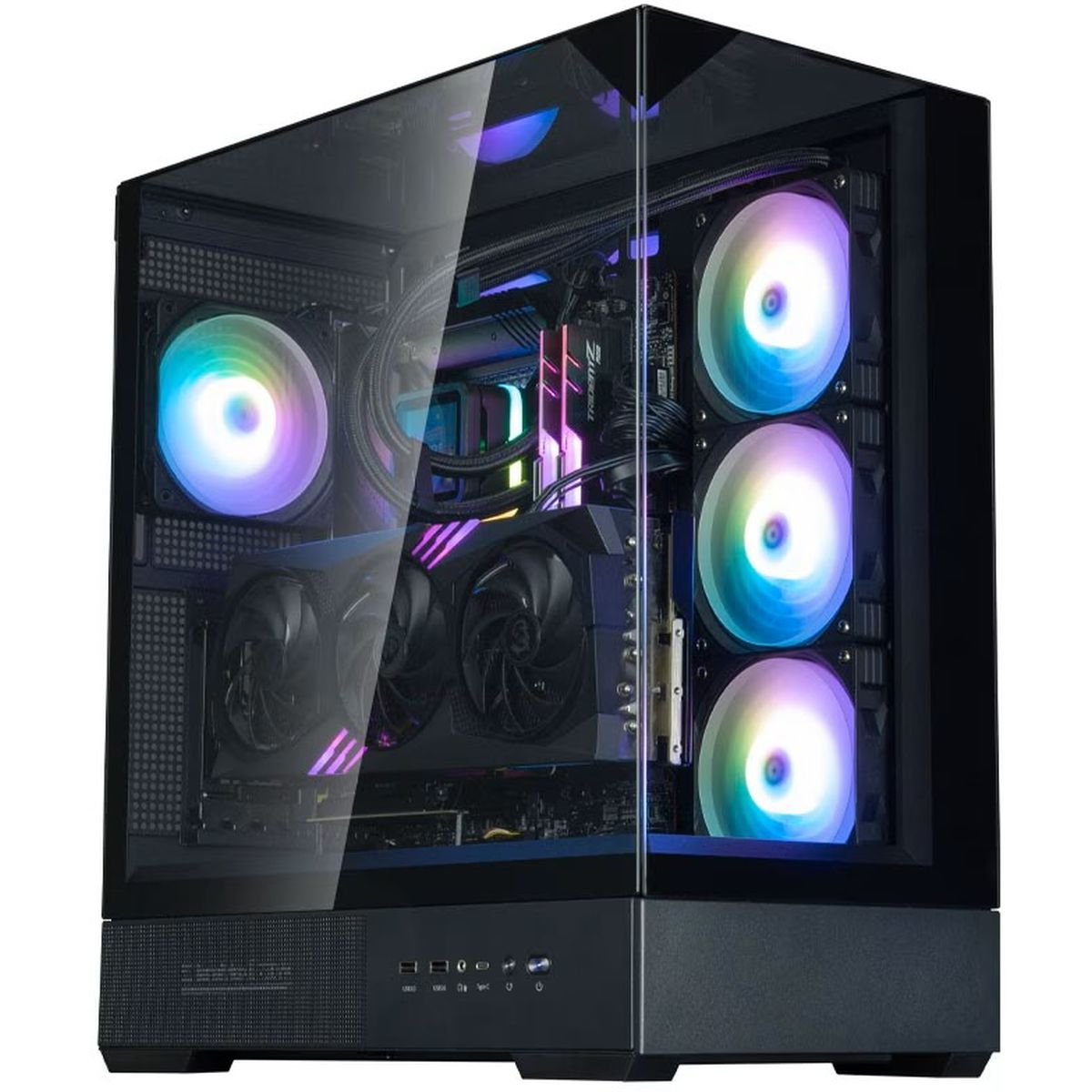 Moderne pc-behuizing met glazen voorkant en RGB-ventilatoren.