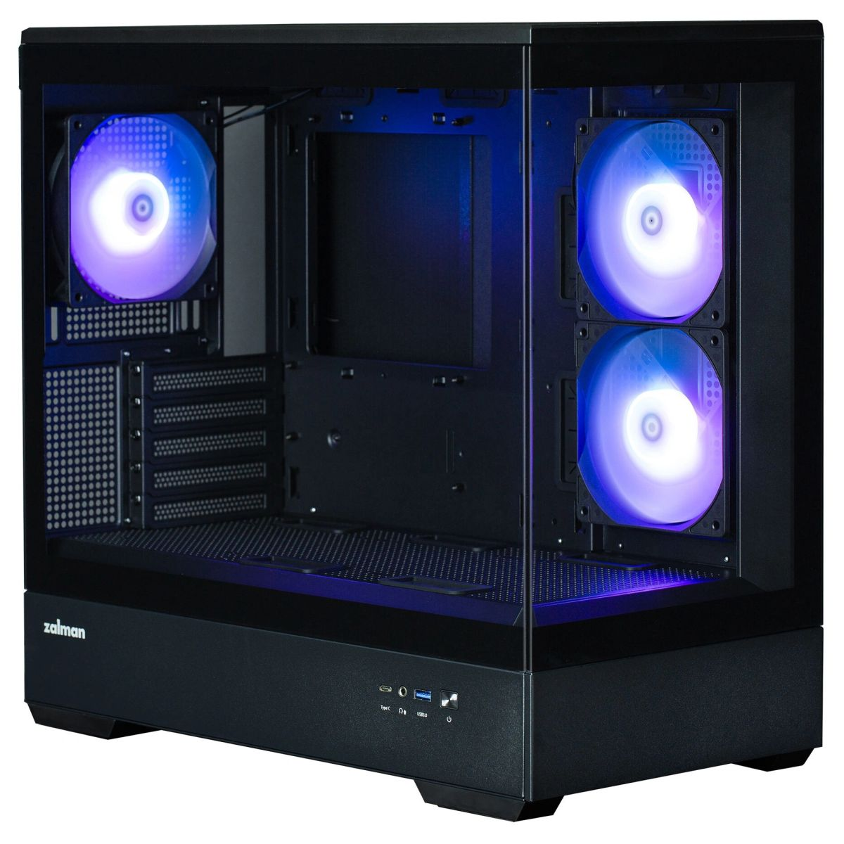 Black PC case with blue and purple fans and a glass front.