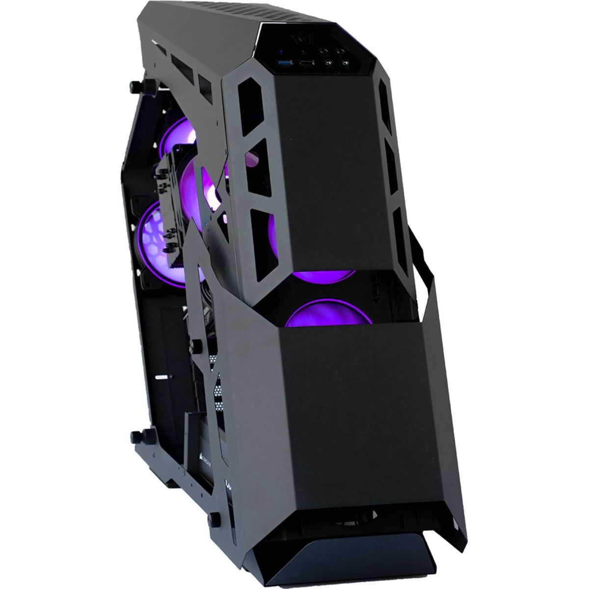 Black computer case with purple fans, futuristic design.