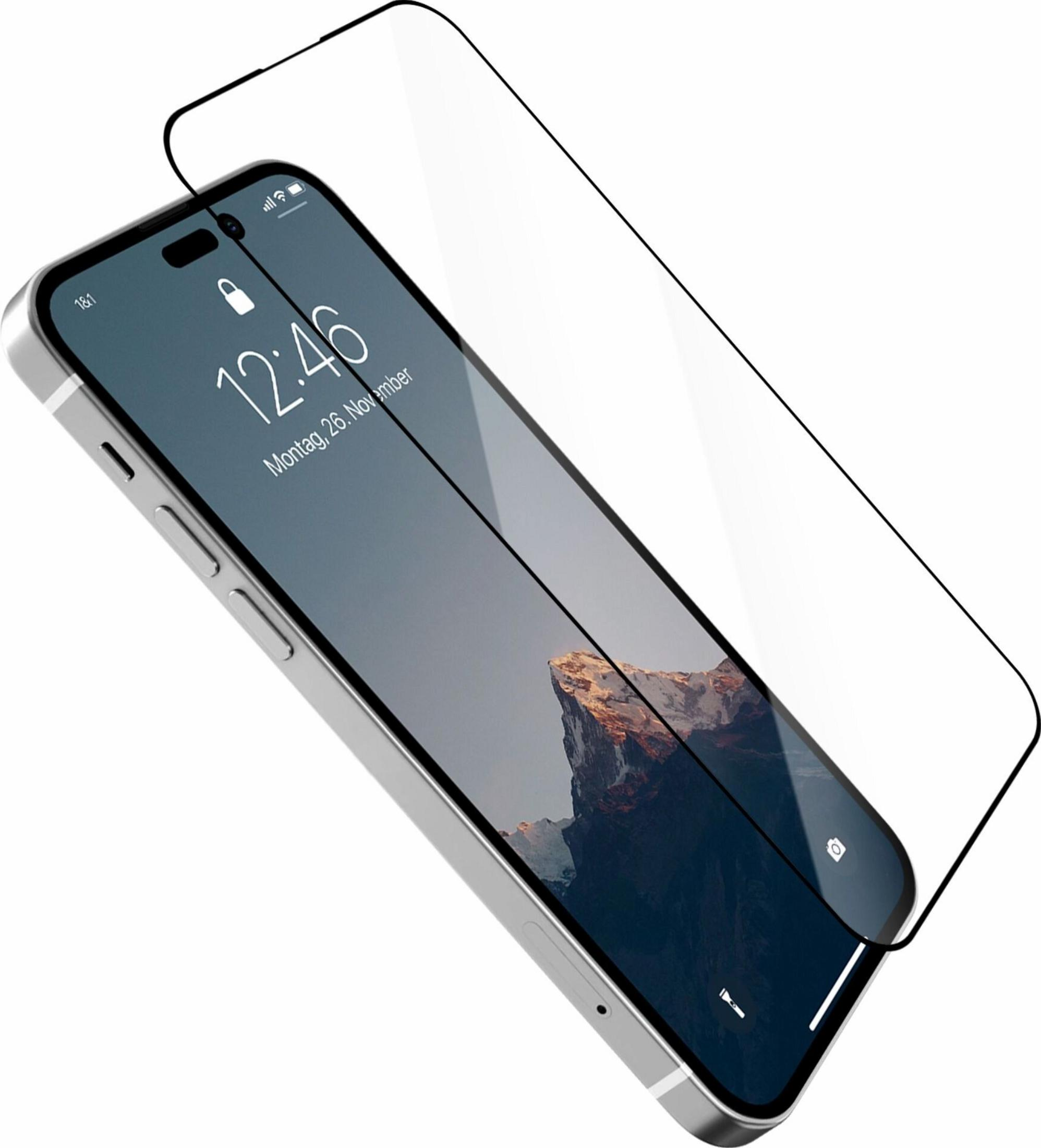 Srebrny smartfon z folią ochronną na ekranie, pokazujący ekran blokady.