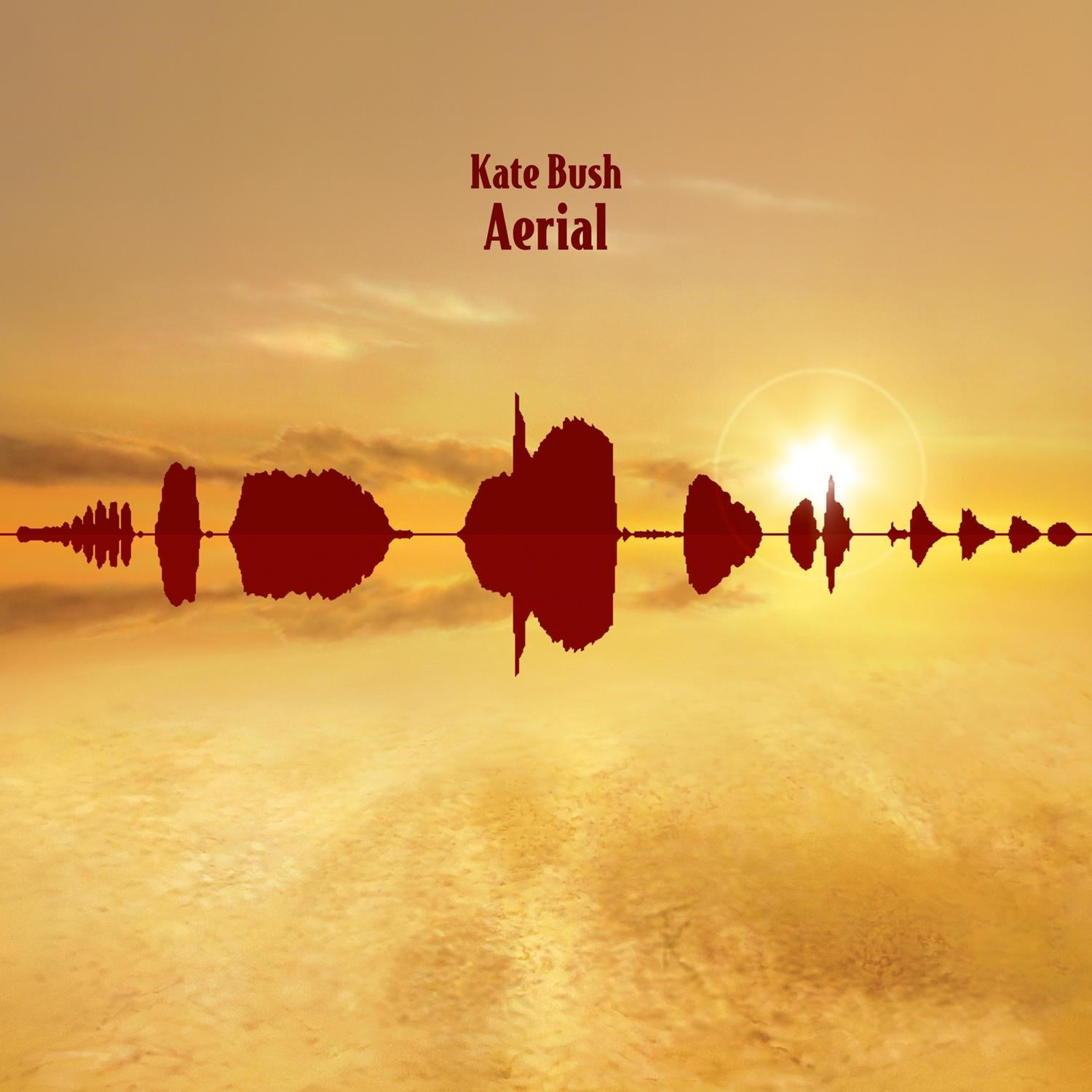 Copertina dell'album Aerial di Kate Bush con un cielo simile al tramonto, forma d'onda rossa che si riflette sull'acqua dorata e un sole splendente.