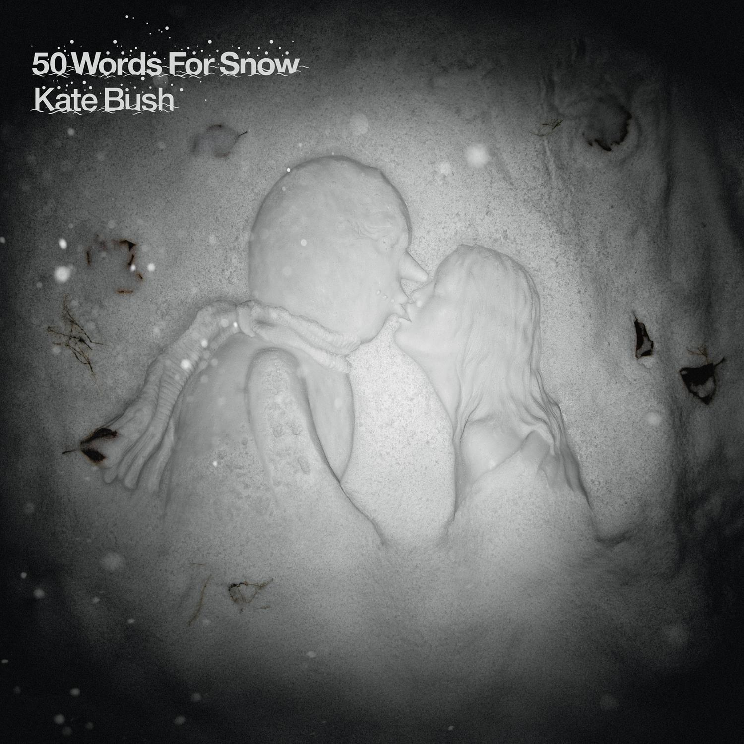 Scultura di neve di una coppia che si bacia, con testo '50 Words For Snow'.