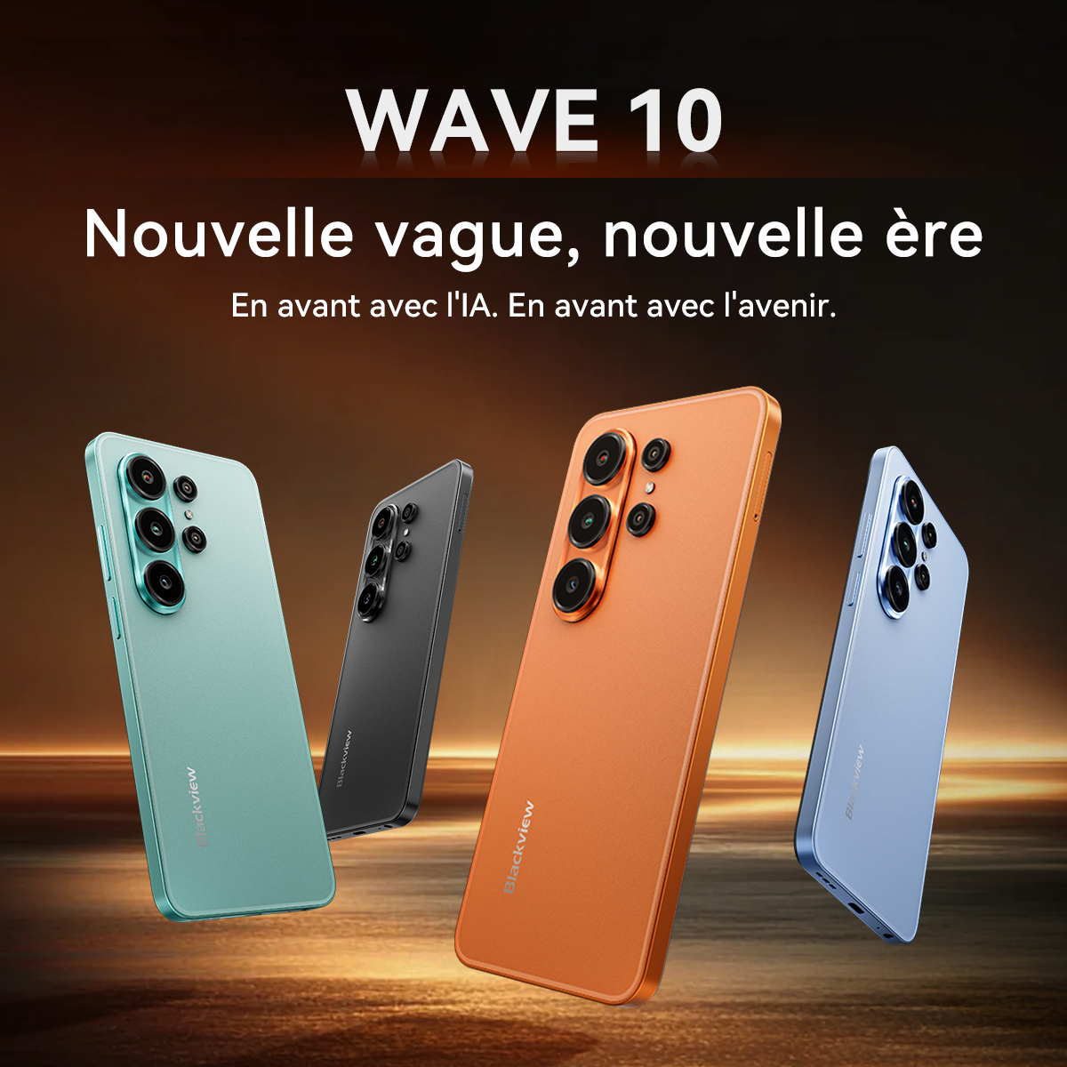 Cuatro smartphones en varios colores (verde menta, negro, naranja y azul claro) se muestran sobre un fondo oscuro y brillante.
