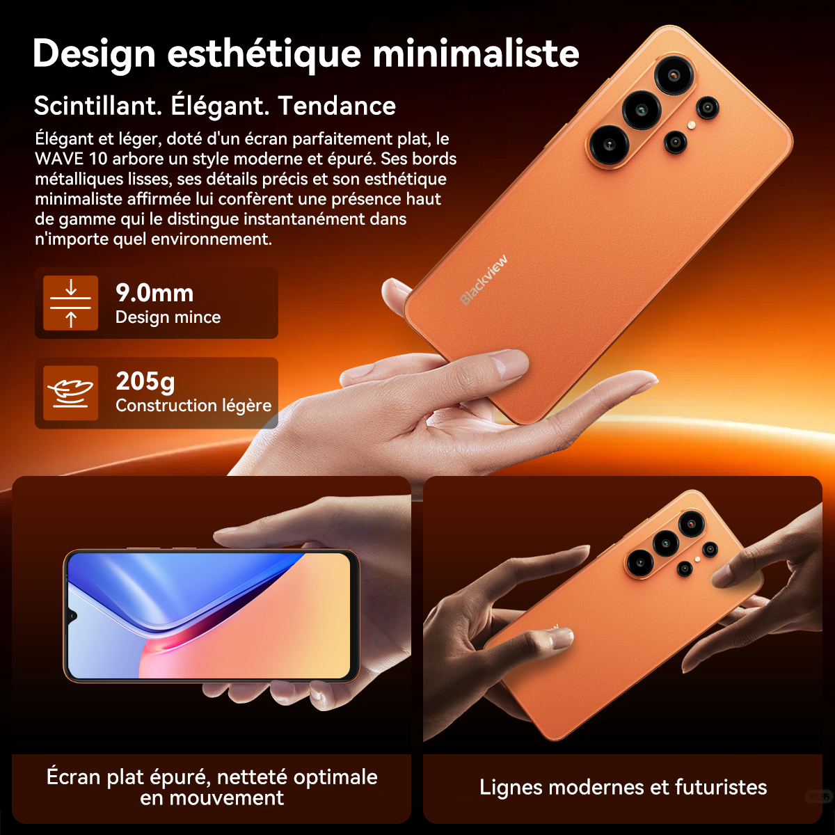 Una persona sostiene un smartphone naranja con múltiples cámaras, mostrando su diseño elegante y perfil delgado, sobre un fondo naranja-marrón.