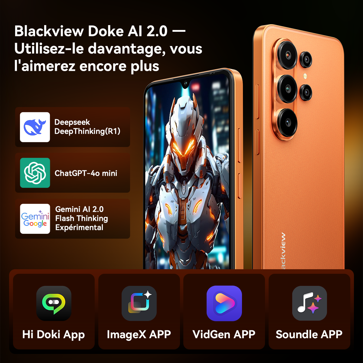 Un teléfono Blackview Doke AI 2.0 naranja muestra un robot, con logotipos de aplicaciones de IA y texto sobre un fondo oscuro.