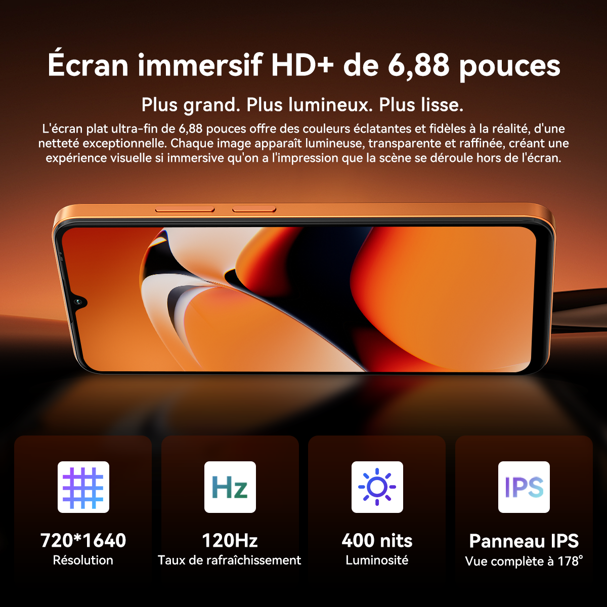Un smartphone con pantalla naranja mostrando formas abstractas naranjas y blancas, con texto detallando las características de su pantalla HD+.
