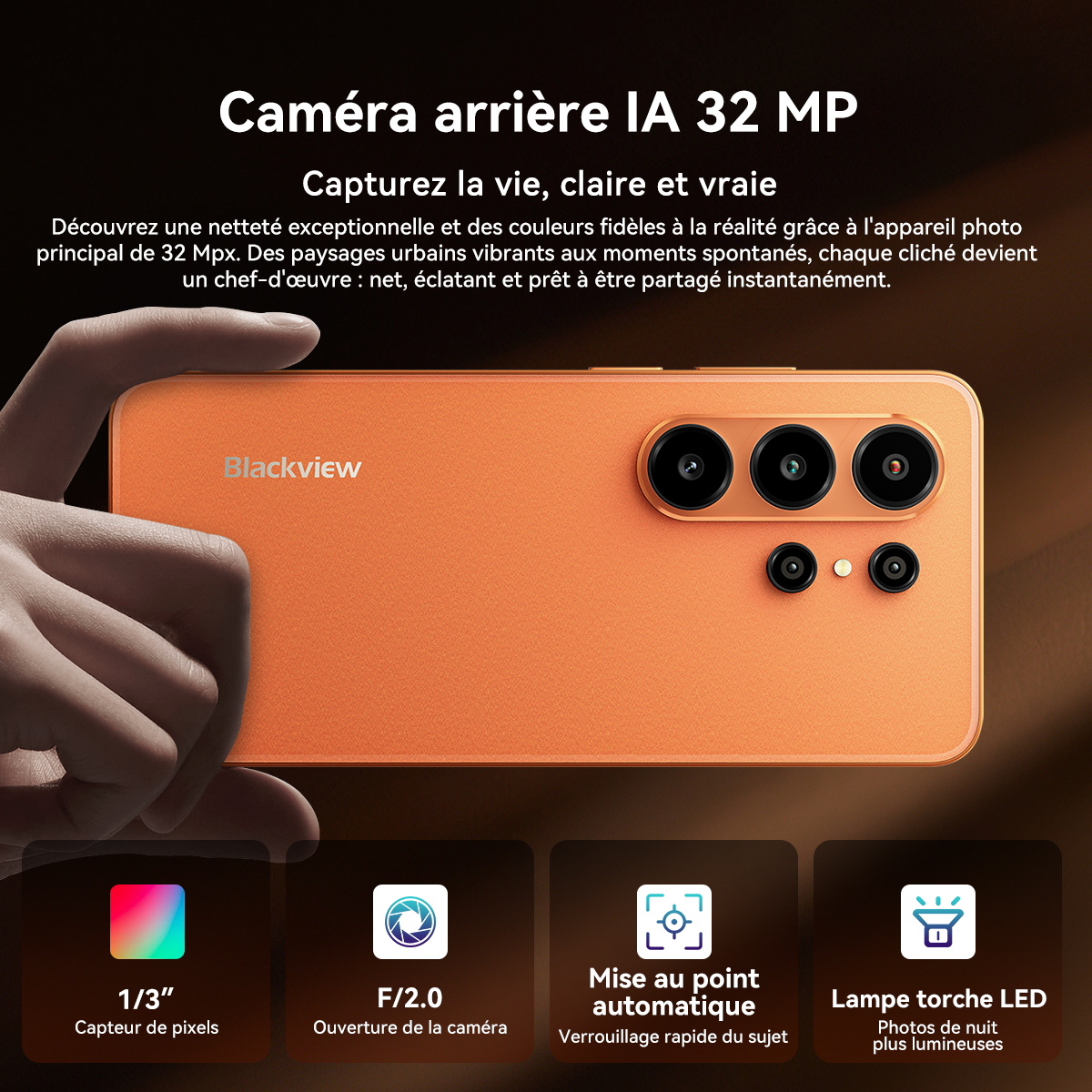 Teléfono inteligente naranja con 3 cámaras, texto sobre cámara trasera IA de 32 MP.