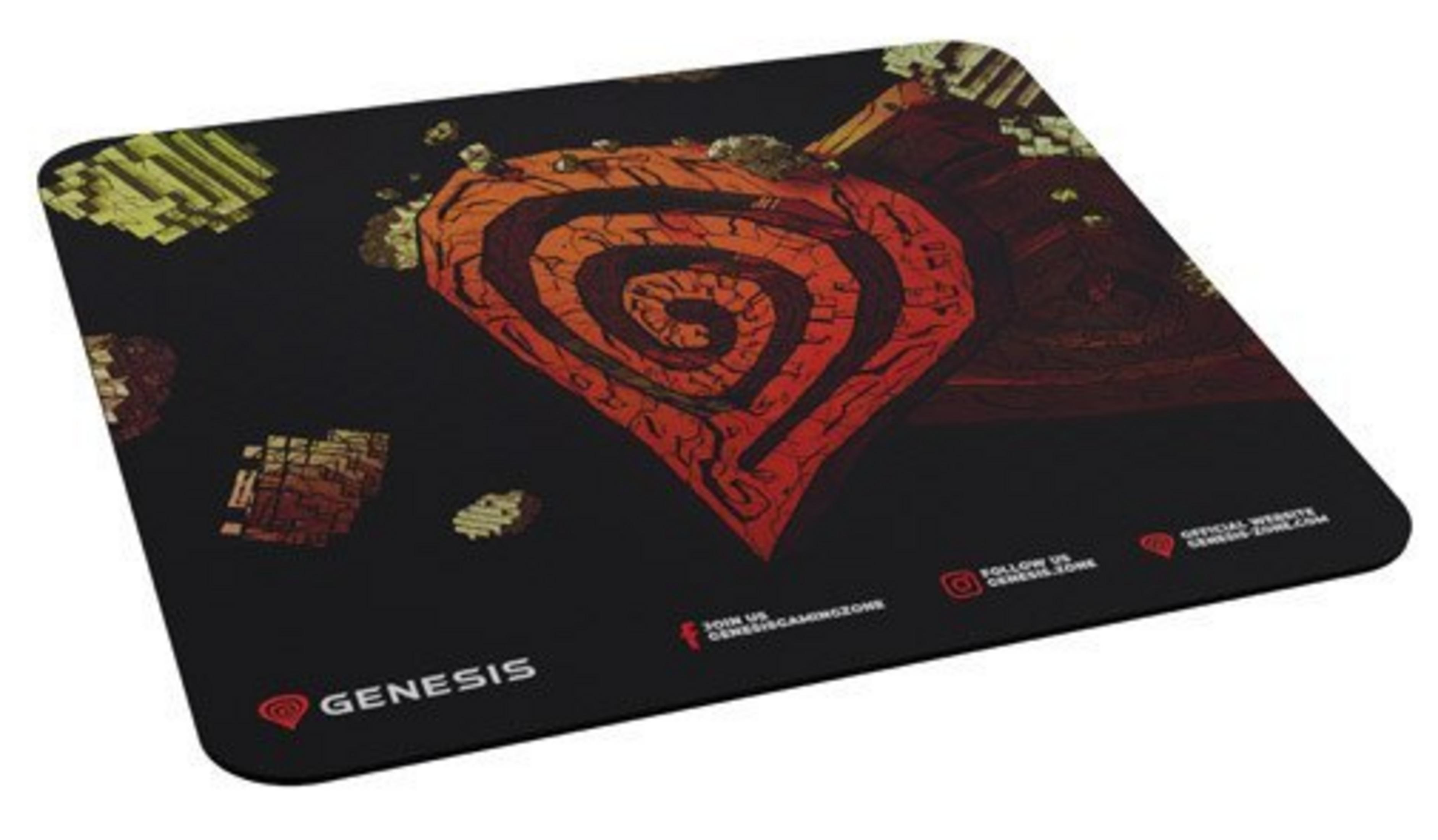 Czarna podkładka pod mysz z abstrakcyjnym czerwonym wzorem spirali i złotymi sześcianami.