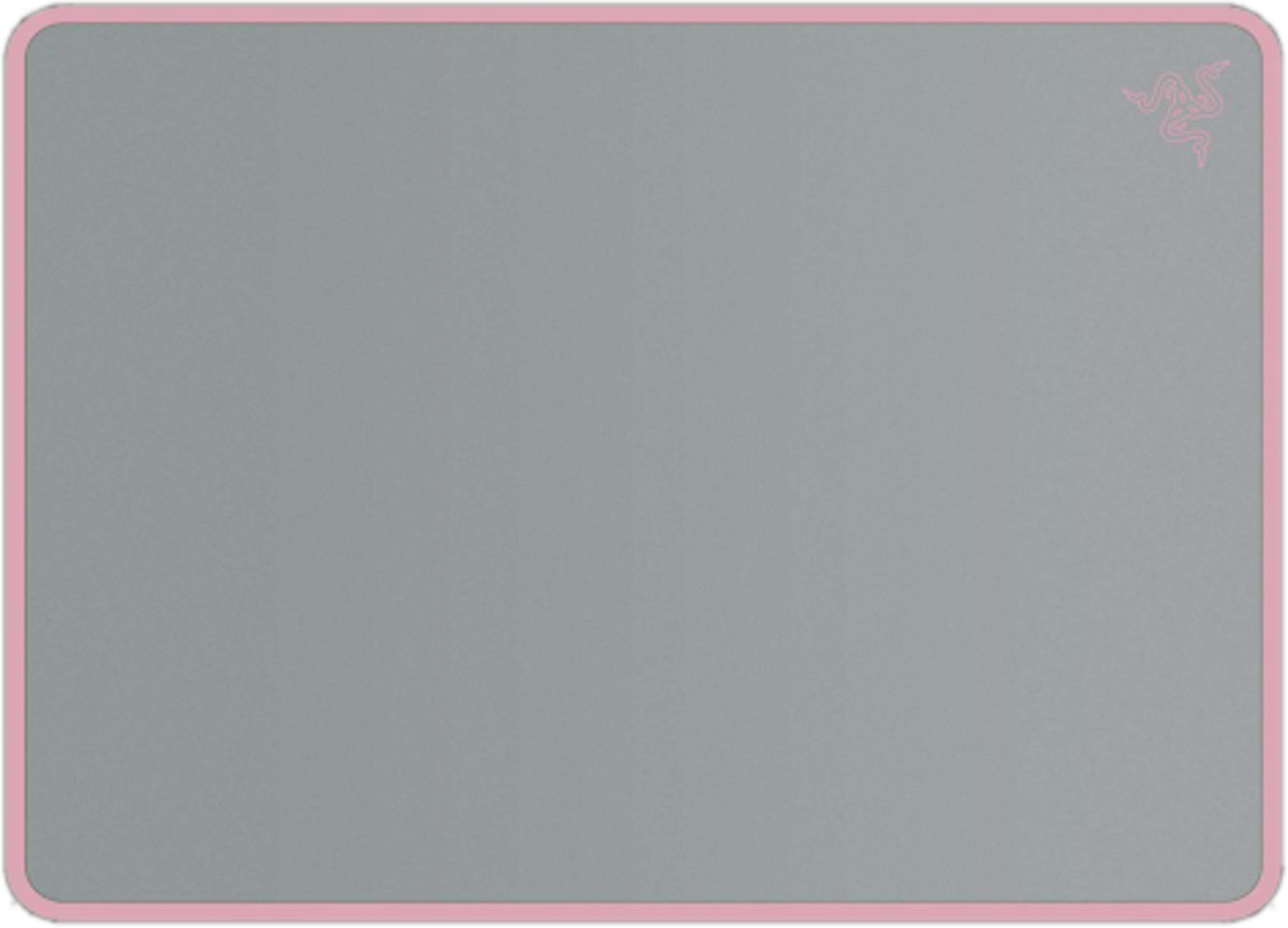 Tappetino mouse grigio con bordo rosa e logo Razer.