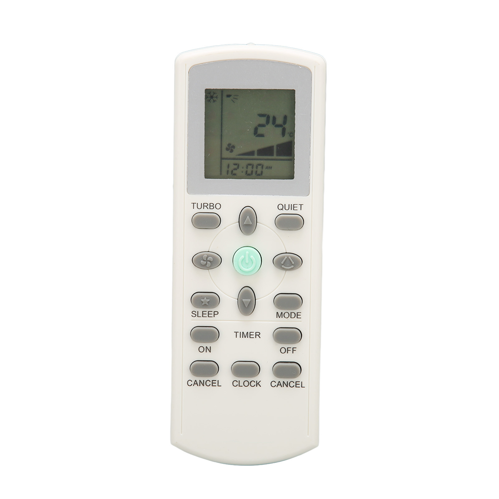 Mando a distancia blanco con pantalla LCD que muestra 24°C y 12:00 AM.