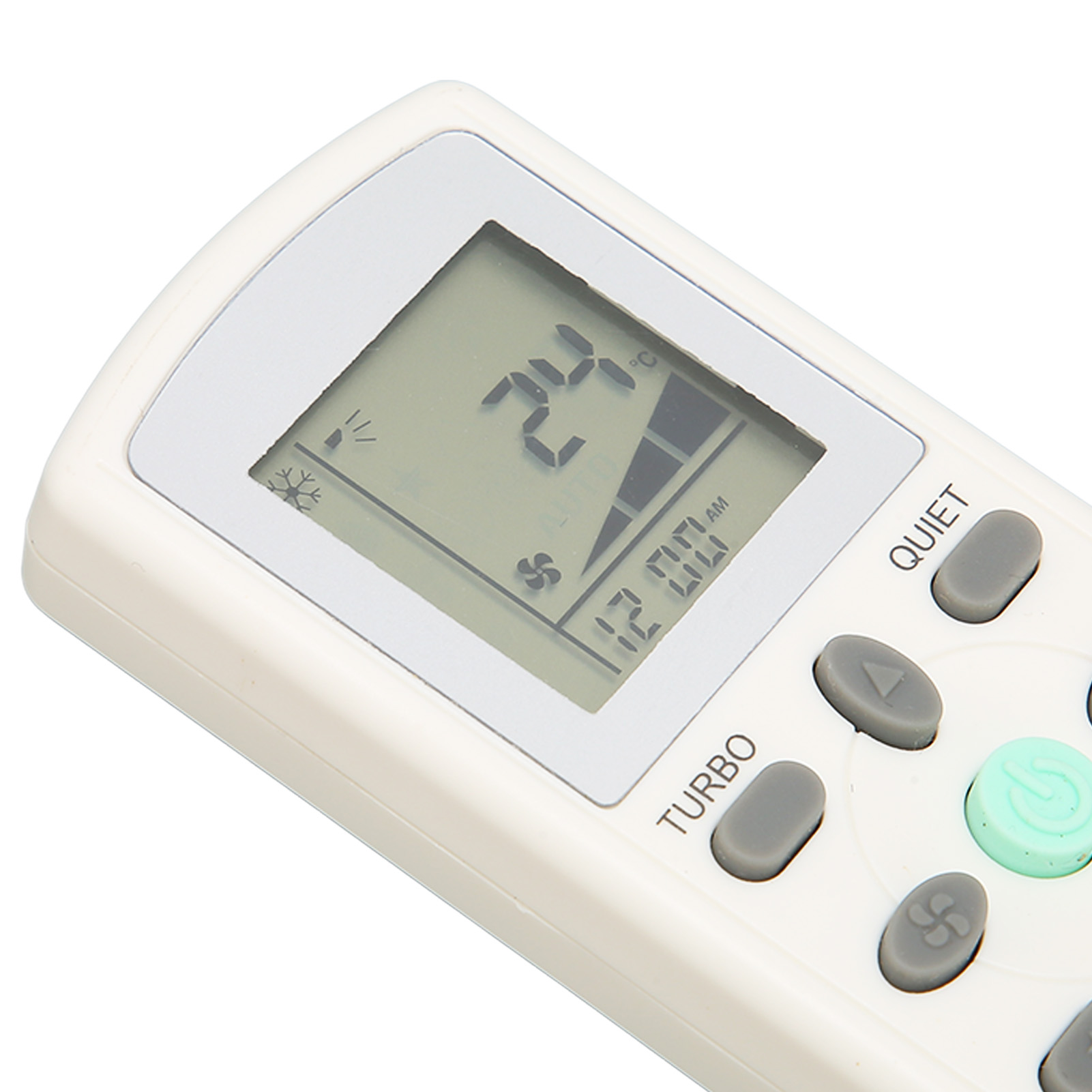 Un control remoto blanco de aire acondicionado con pantalla digital que muestra 24°C y 12:00.