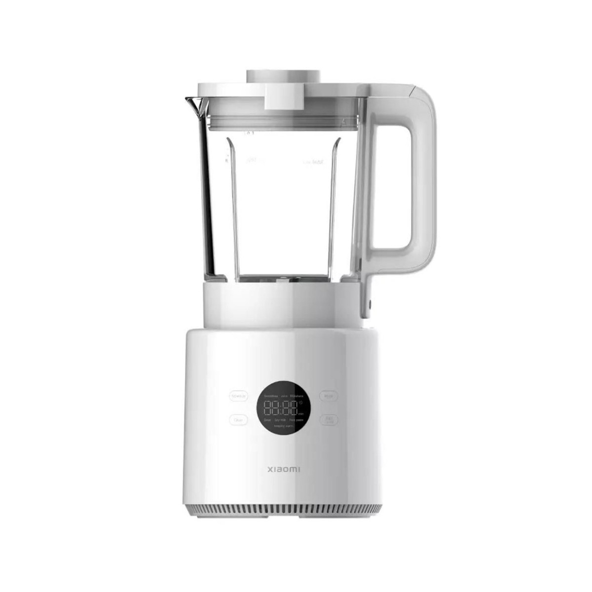 Un frullatore bianco con caraffa in vetro e display digitale.